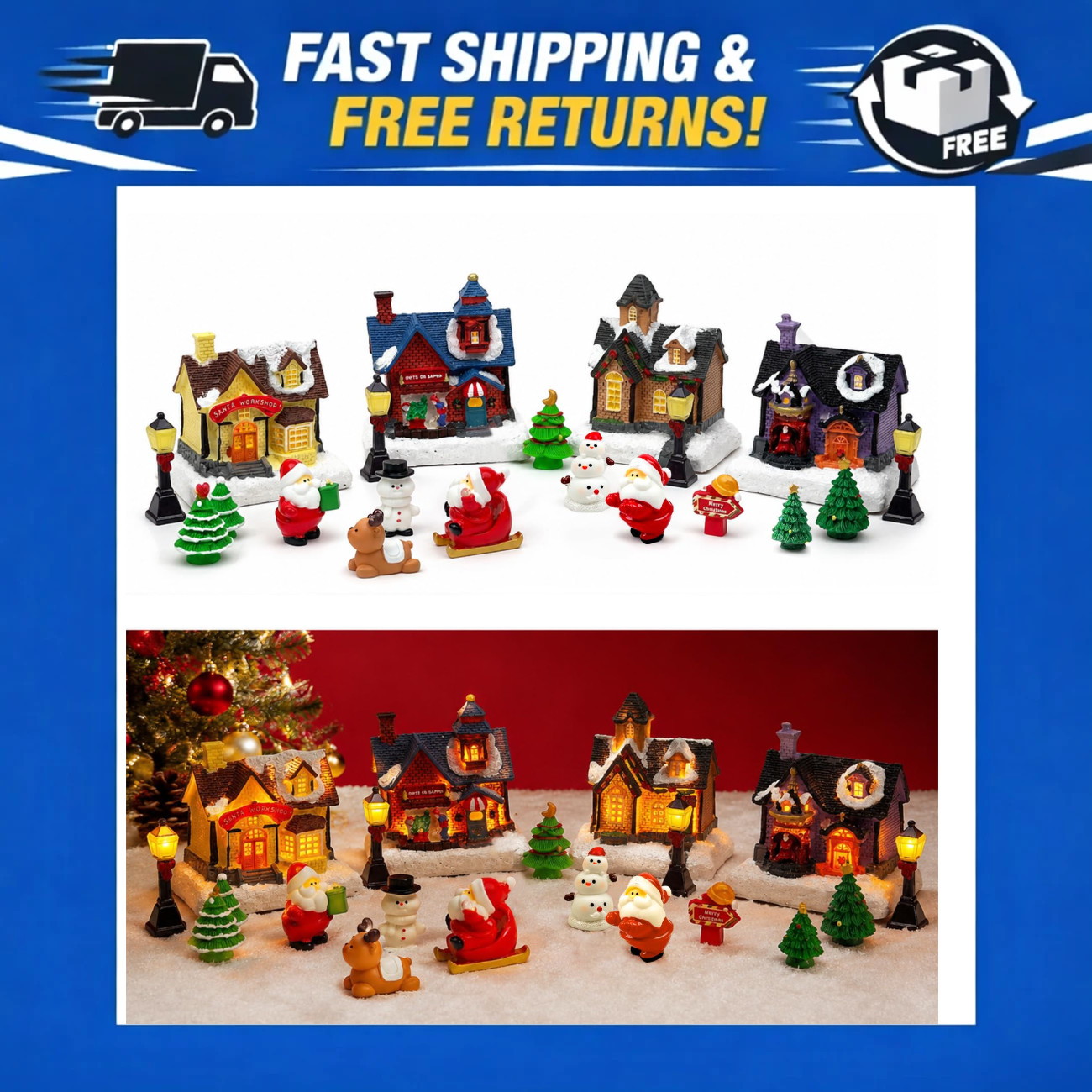 24 Pcs Christmas Village Set - Holiday Decor, Miniature Houses & Accessories