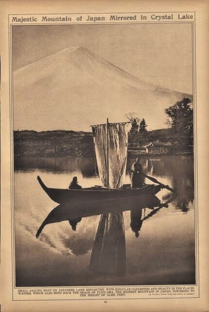 1922 Mt Fujiyama Small Sailboat Crystal Lake Sepia Rotogravure Vintage Print