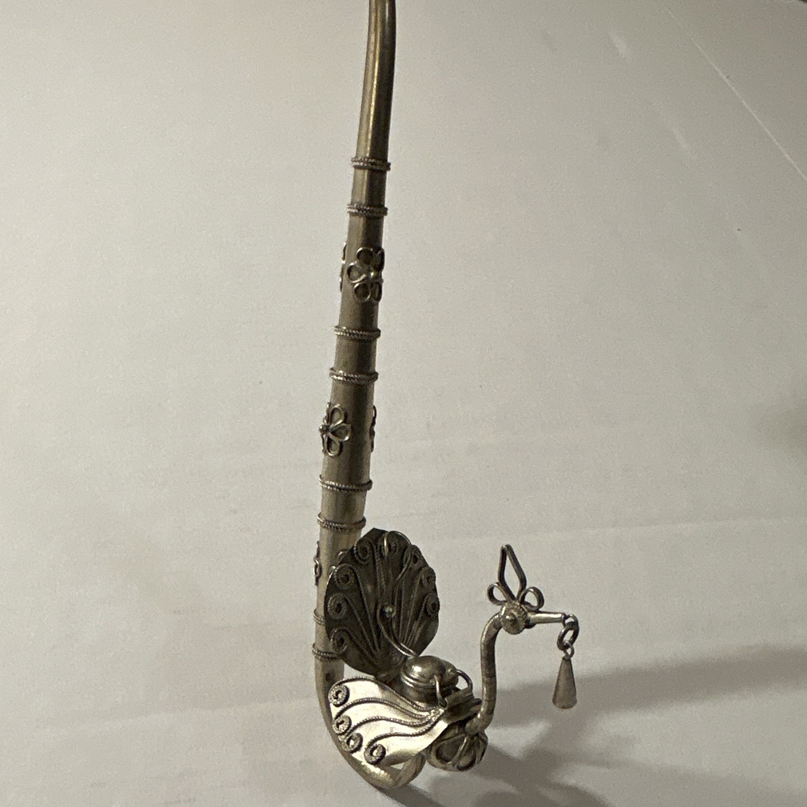 Vintage Chinese Style Filigree Peacock Smoking Pipe, White Metal, Silver Tone