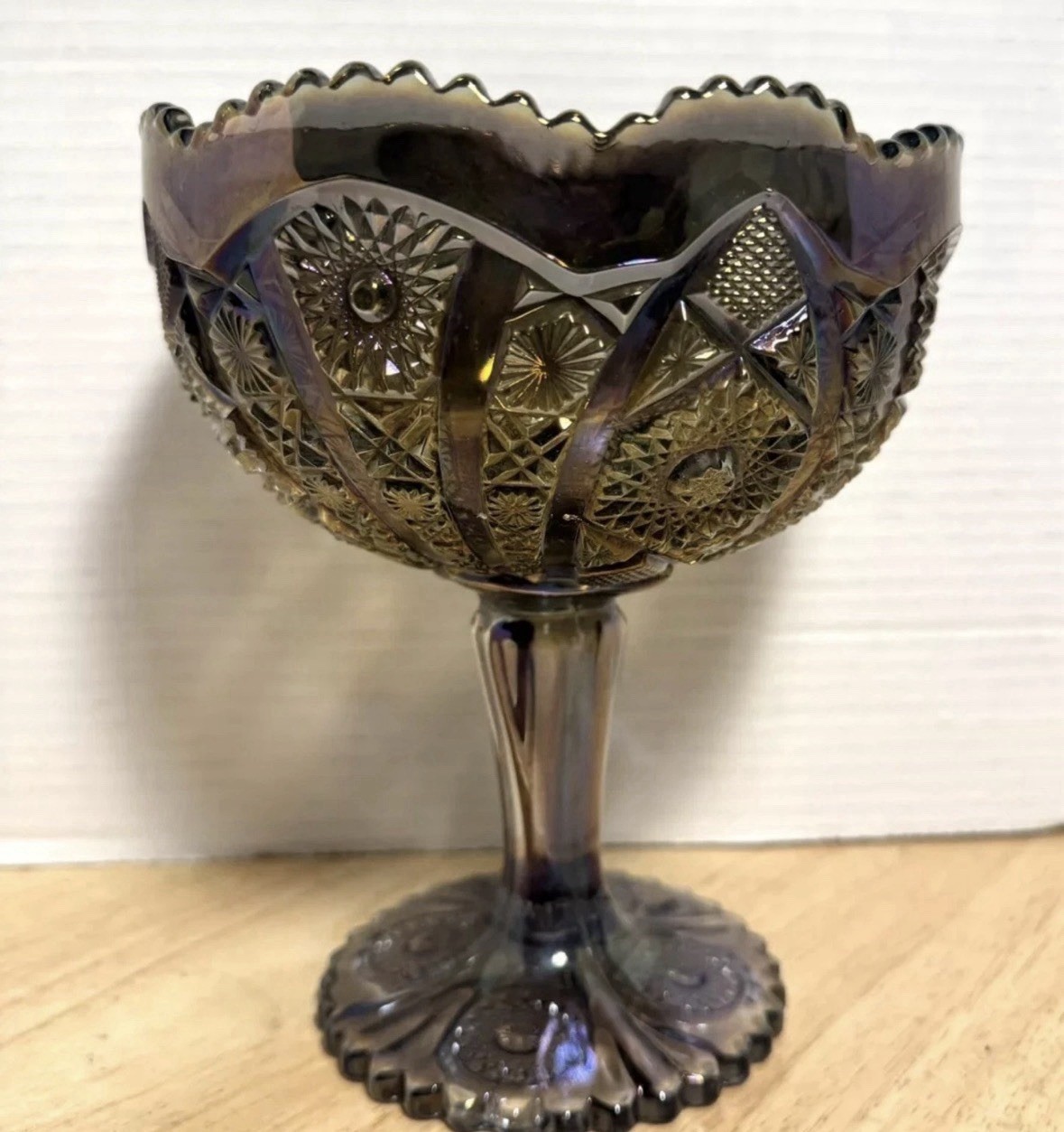Vtg Imperial Amethyst Carnival Glass Hobstar Sawtooth Compote Pedestal 7-3/4”