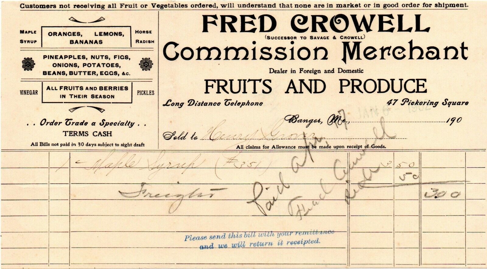 1902 Letterhead-Fred Crowell Fruits & Produce-Bangor, ME-Henry Grover-Monson, ME