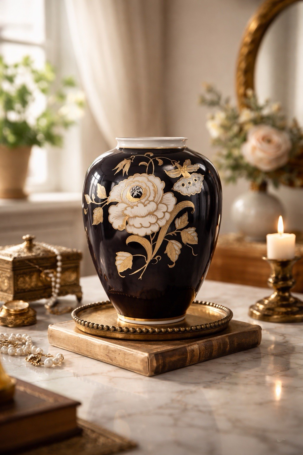Vintage Wallendorf Germany Echt Kobalt Blue Gold Hand Painted Floral Vase