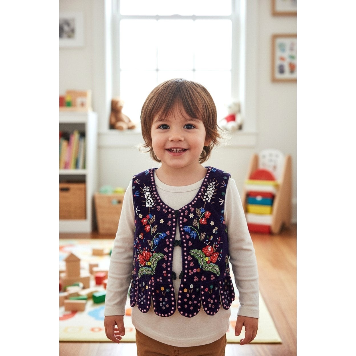 Antique Handmade Folk Style Beaded Deep Purple Velvet Child\'s Vest - Estate Find