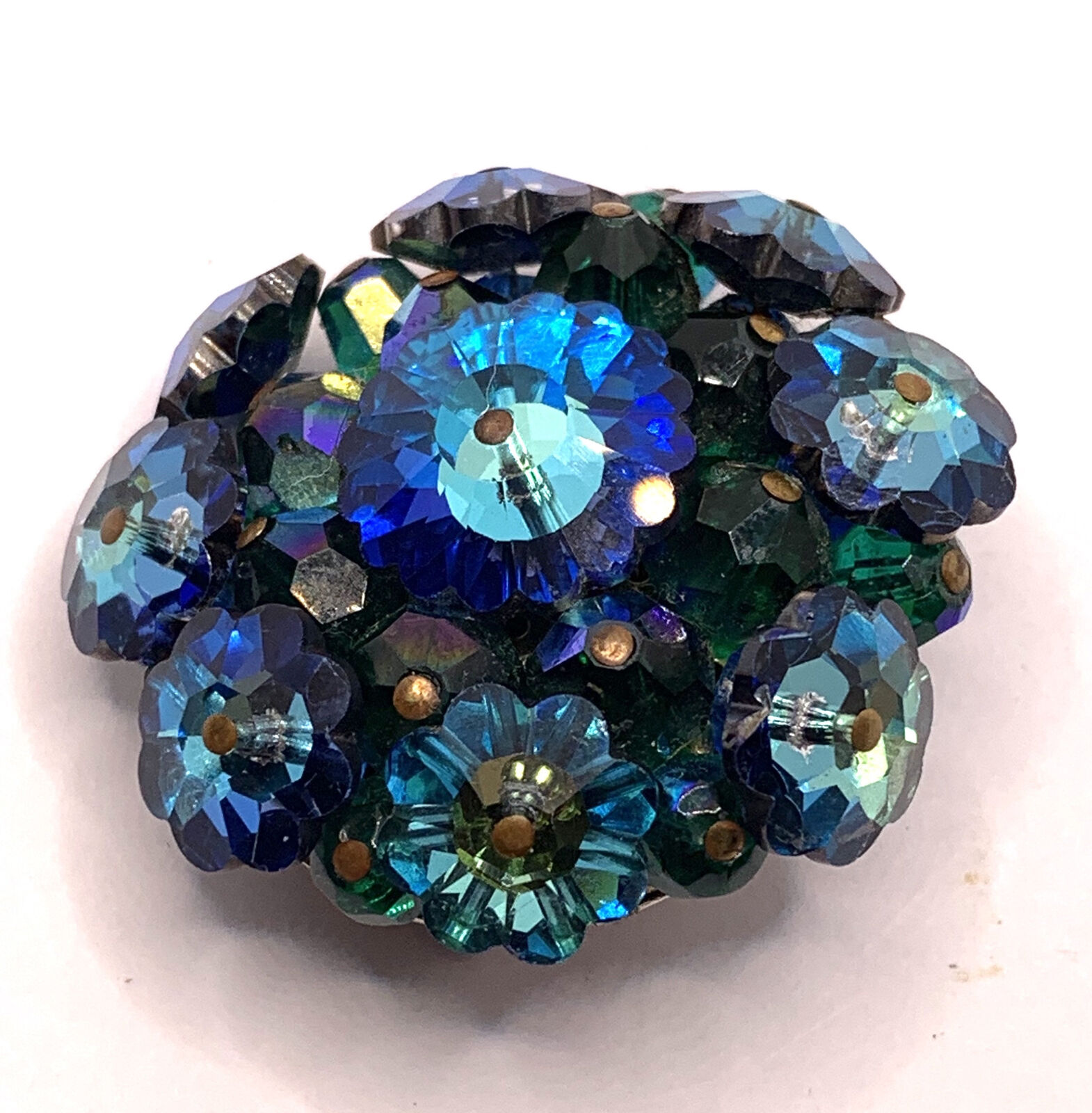 Vintage blue green Marguerite Rivoli flower beaded brooch