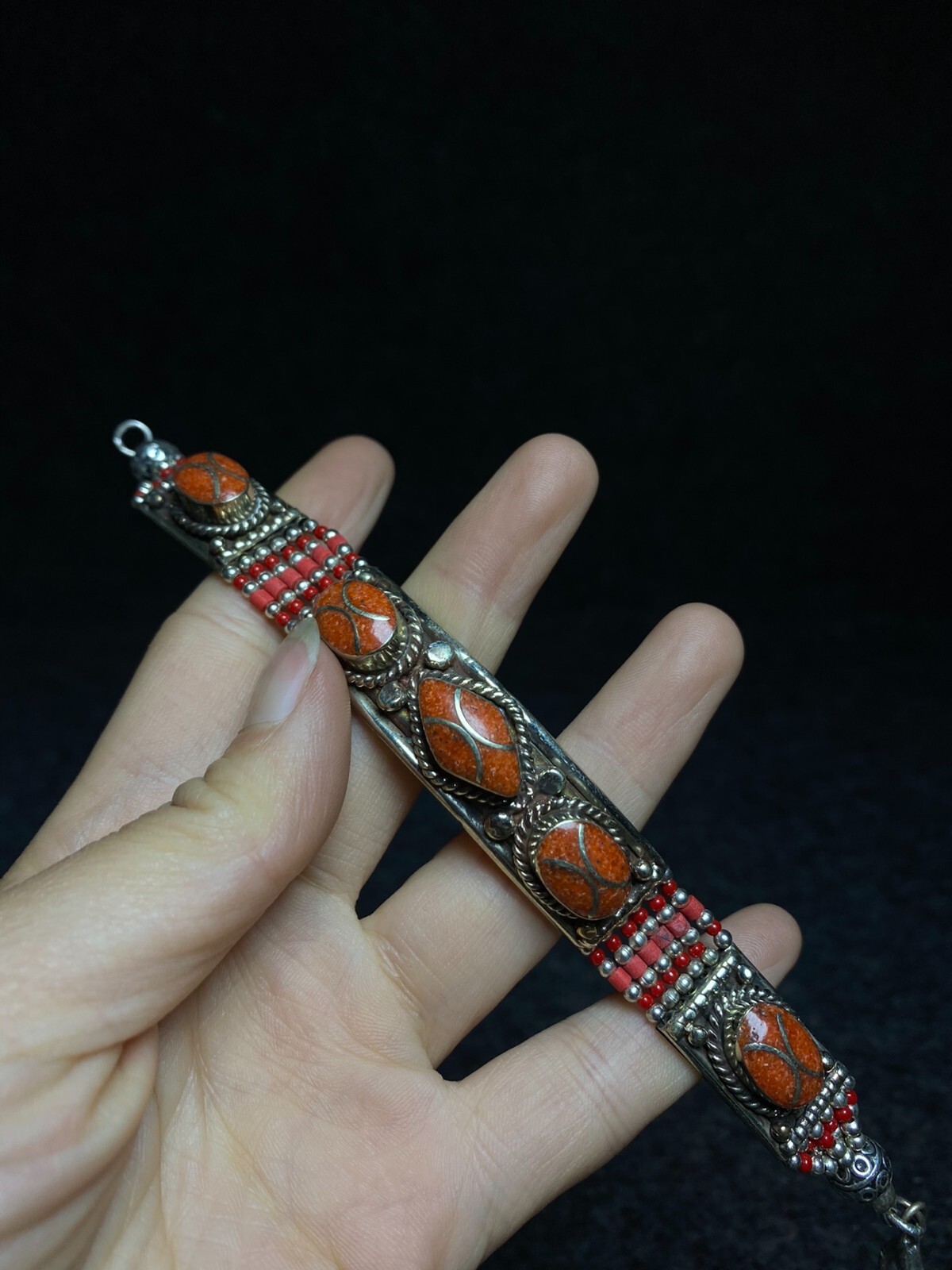 Exquisite old tibet silver copper hand inlay gem beads flower bracelet bangle