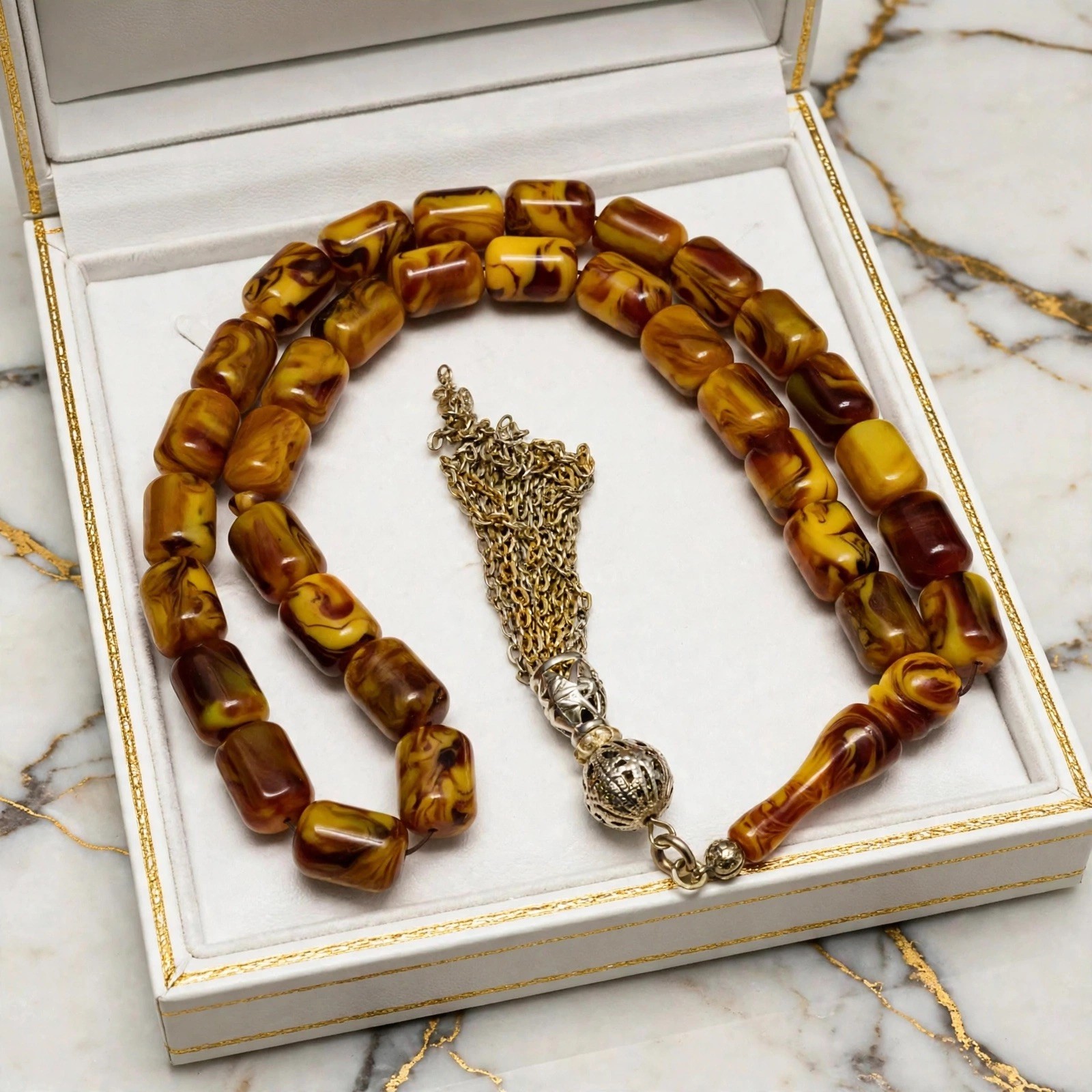 Antique German Bakelite Faturan Tasbih 114.6g Jumbo Dips Rashi Marbled 33 Beads