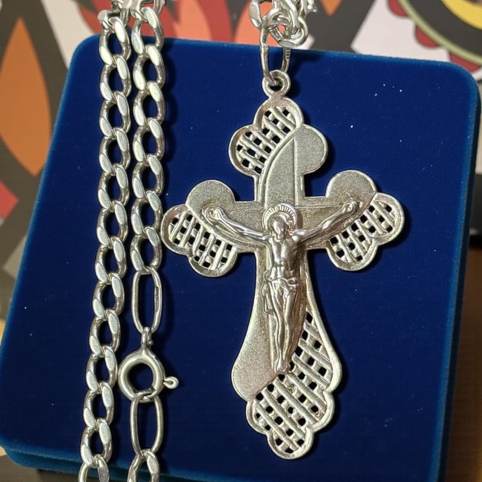 Vintage Necklace Cross Jesus Silver 925 Pendant Jewelry Amulet Chain Religion
