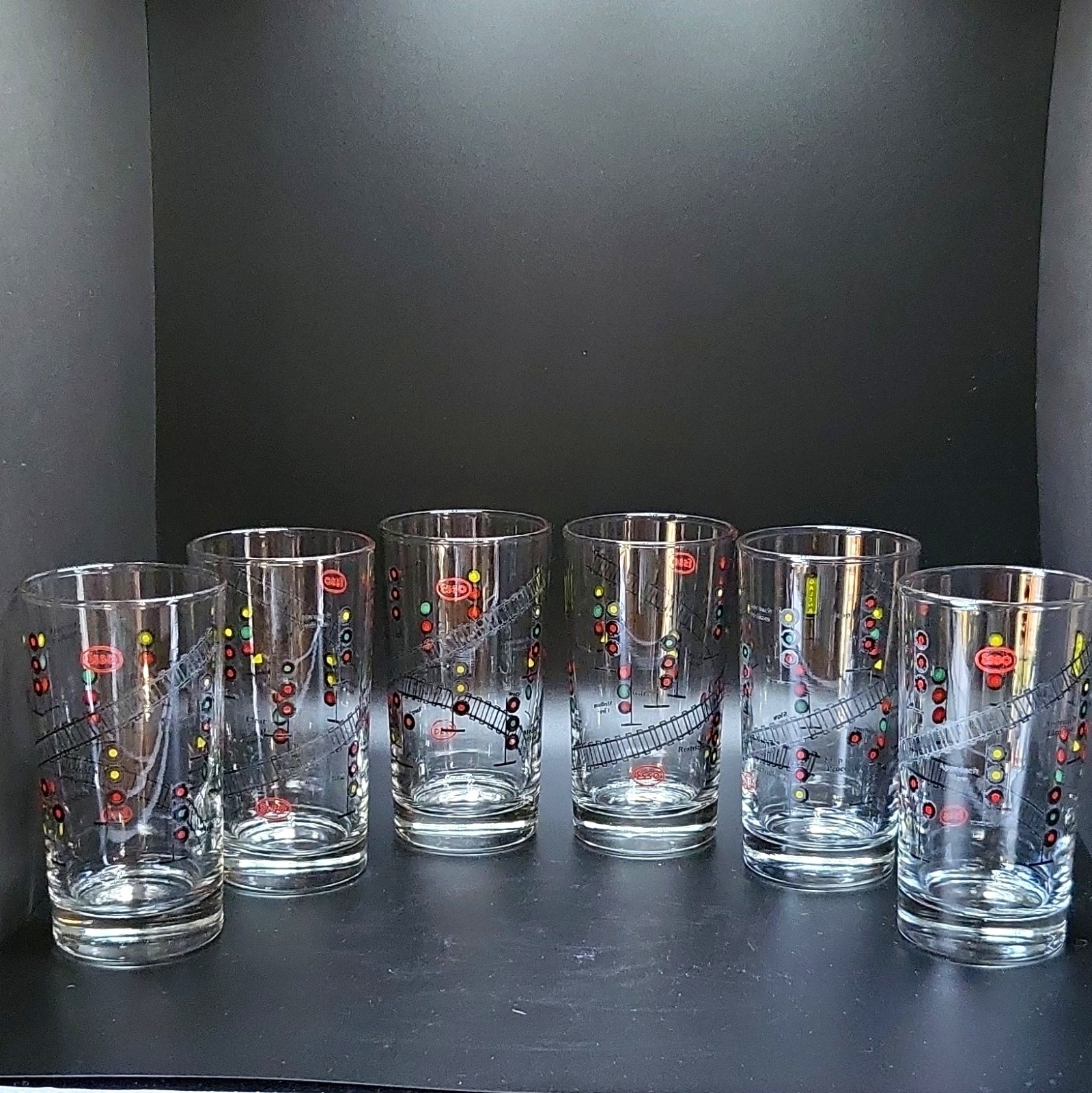 Vintage 1950s Esso Gas Train Signal 6 Glasses Dominion Glass Canada MCM Barware