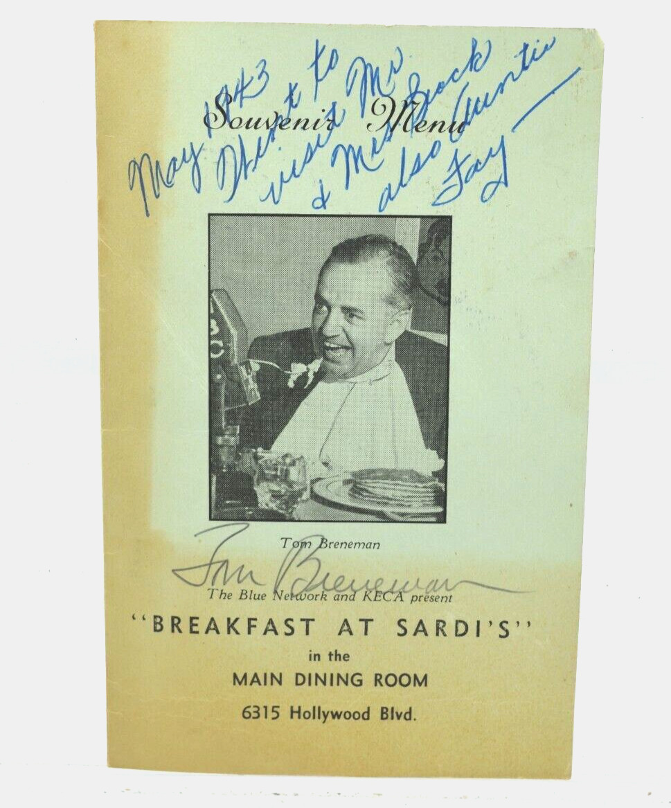 Vintage 1943 Breakfast At Sardi's restaurant menu TOM BRENEMAN AUTOGRAPH - RARE