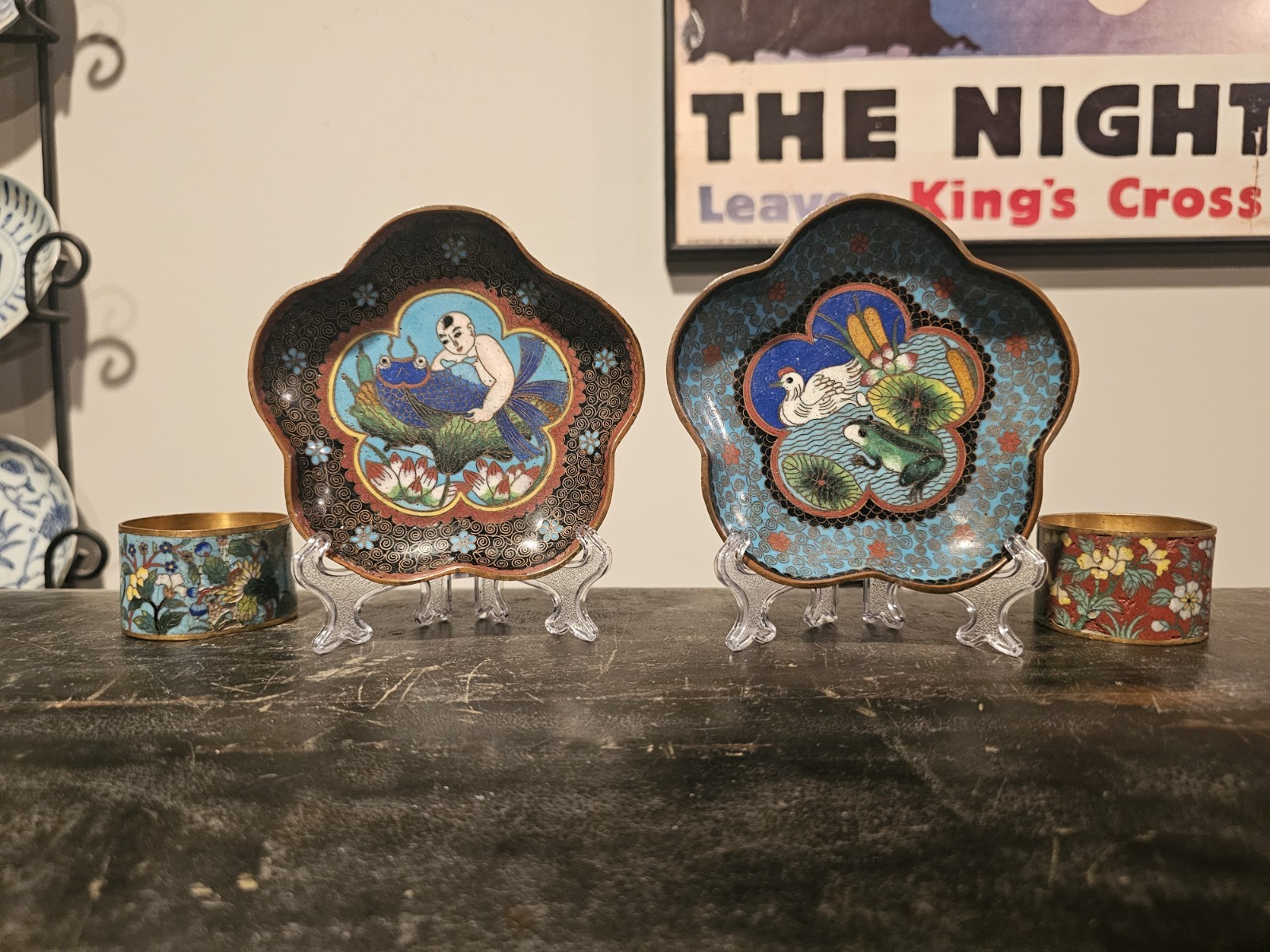 2 Chinese Cloisonne Trinket Dishes Boy Fish Frog China Antique Enamel 2 Chinese Cloisonne Trinket Dishes Boy Fish Frog China Antique Enamel