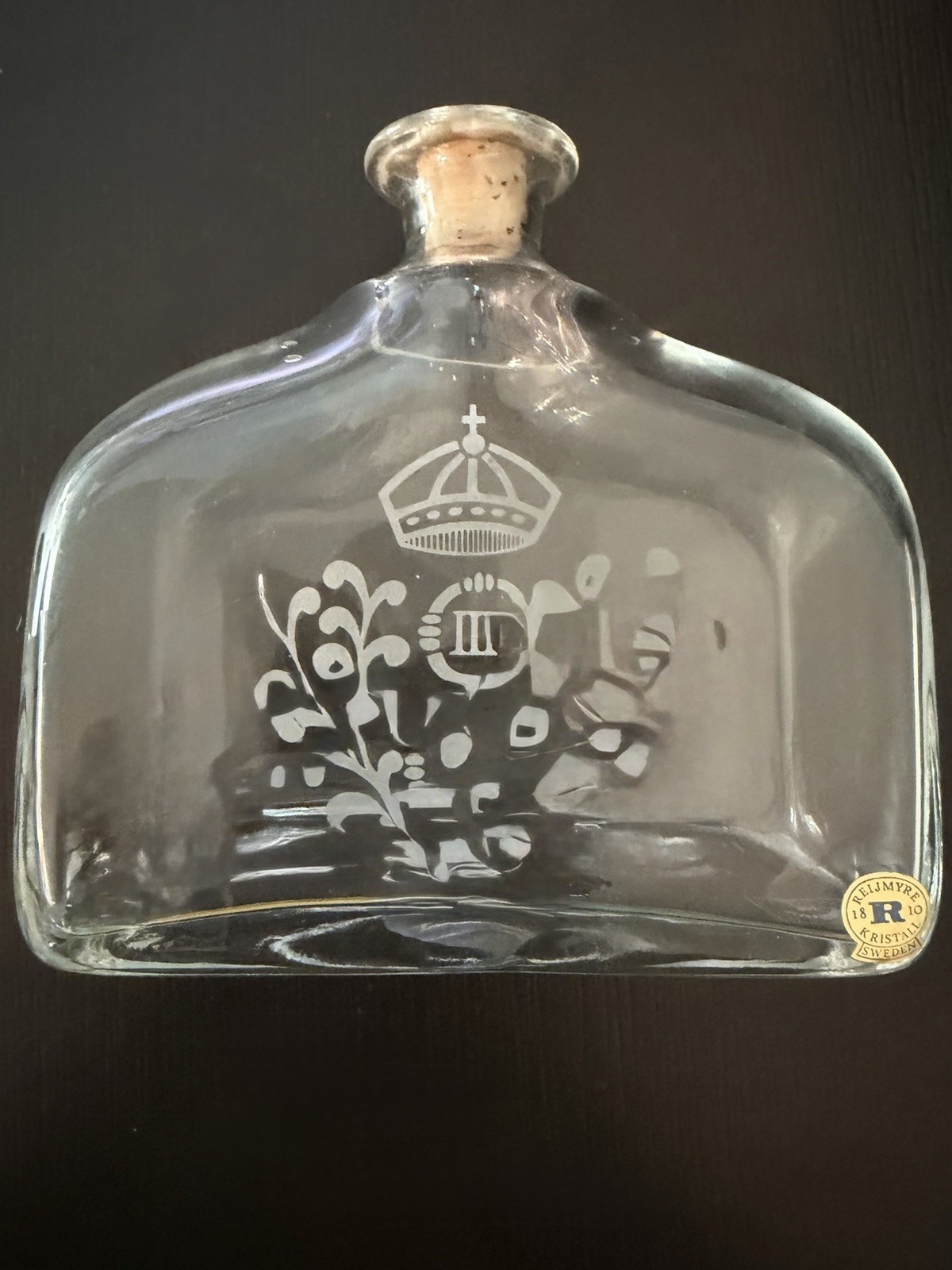 Vintage Reijmyre Sweden Crystal Decanter Etched Gustav III Royal Monogram Flask