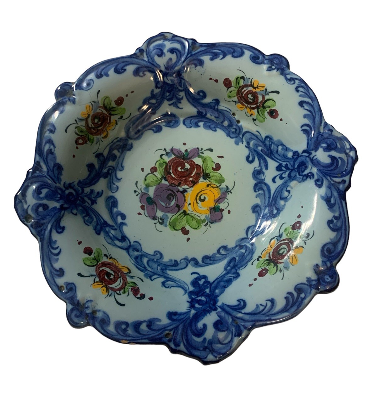 Vestal Portugal Pottery Blue Hand Painted Floral Bowl 8\