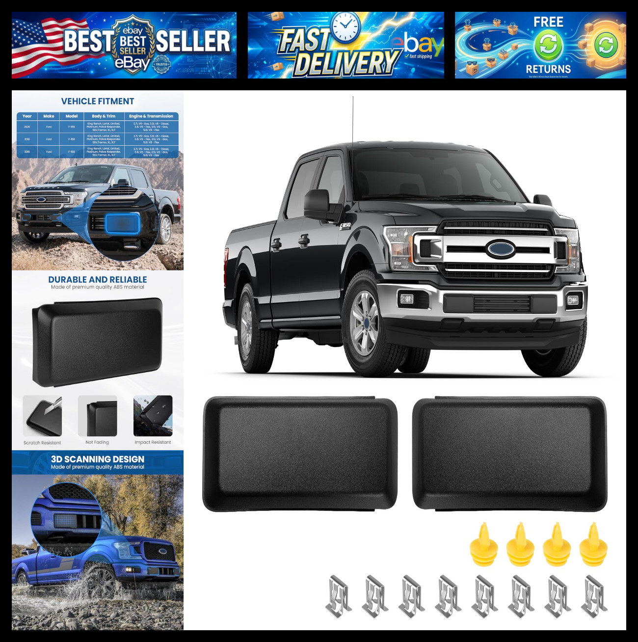2Pcs Front Bumper Cover Trim for 2018-2020 F-150, Front Bumper Pad, Left & Right