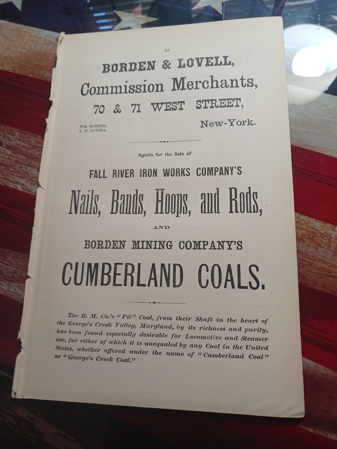 1872 Print Ad BORDEN & LOVELL Commission Merchants West St NYC Cumberland Coals