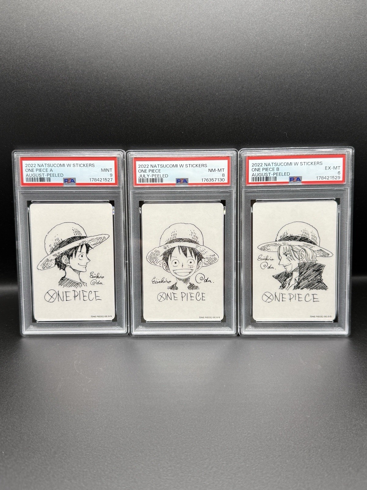 PSA 9 8 6 One Piece Natsucomi 2022 Luffy Shanks Eiichiro Oda Sticker 3 Card Set