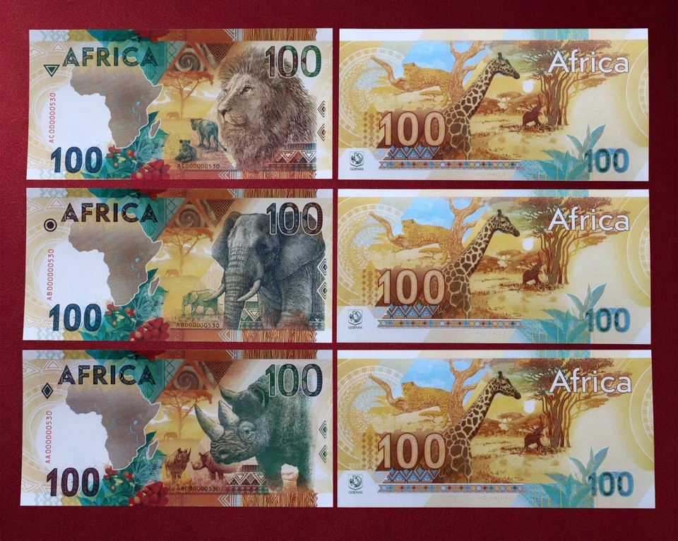 Lot 3pcs Africa Wildlife 100 Fantasy Polymer Banknote Lion Elephant Rhino/unc