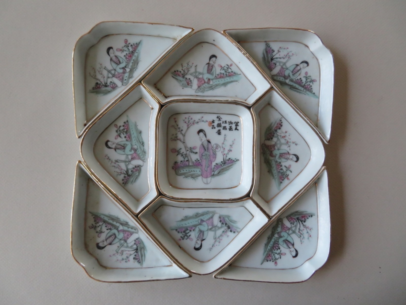 CHINESE FAMILLE ROSE 9 PIECE SWEETMEAT SUPPER SET -------  LATE QING TO REPUBLIC