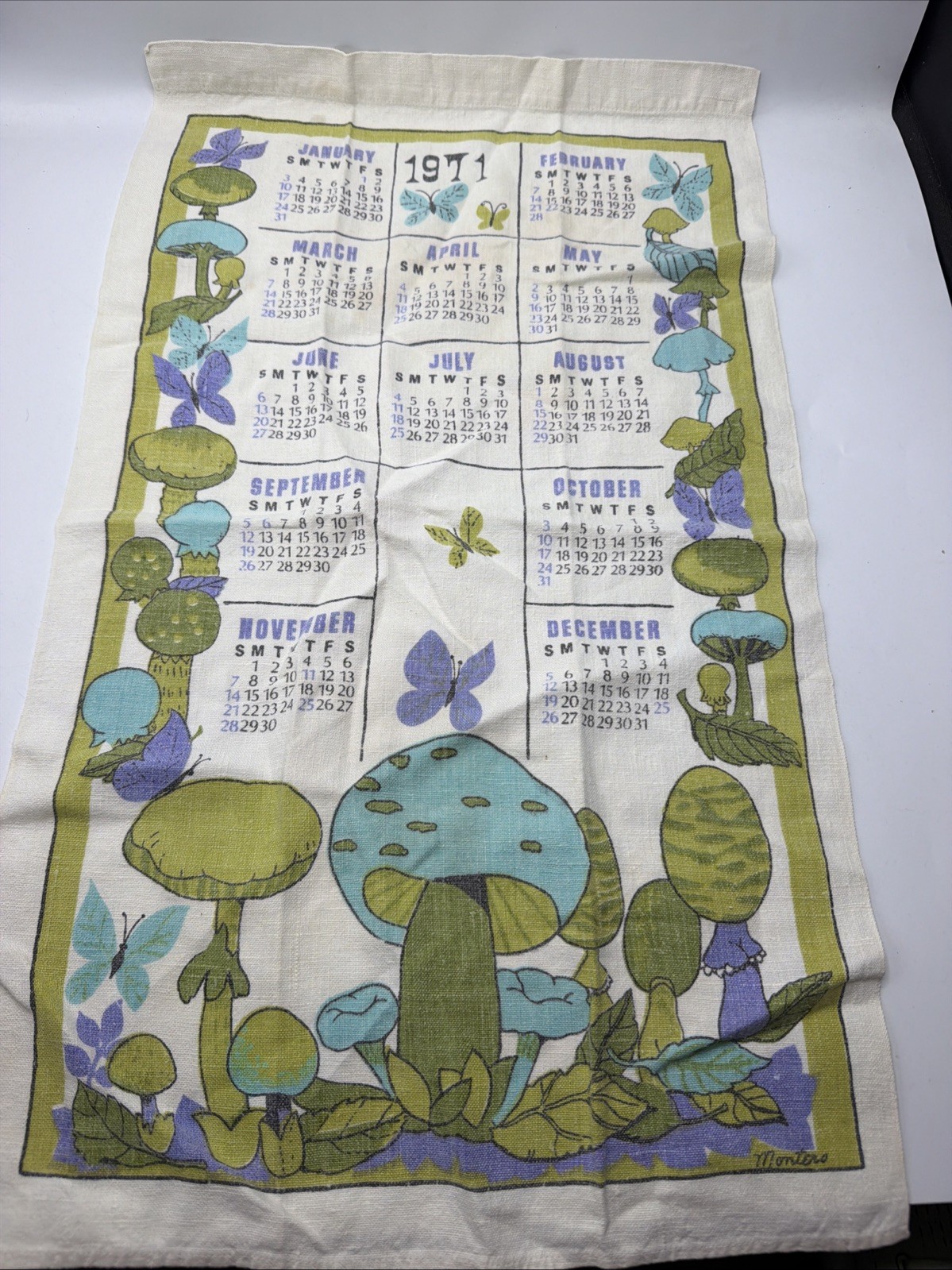 Vintage 1971 Linen Tea Towel Calender With Mushrooms Butterflies