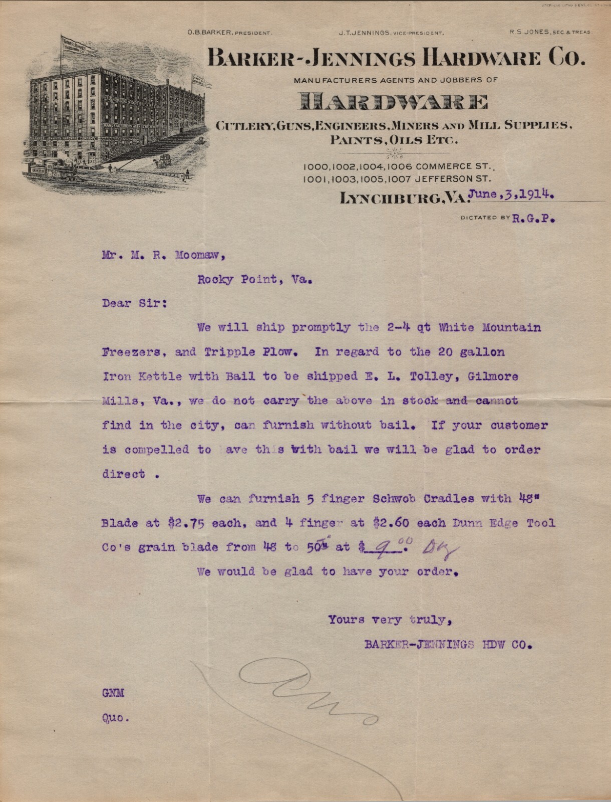 1914 Letterhead Barker-Jennings Hardware Co. Lynchburg VA  - Re: Freezers