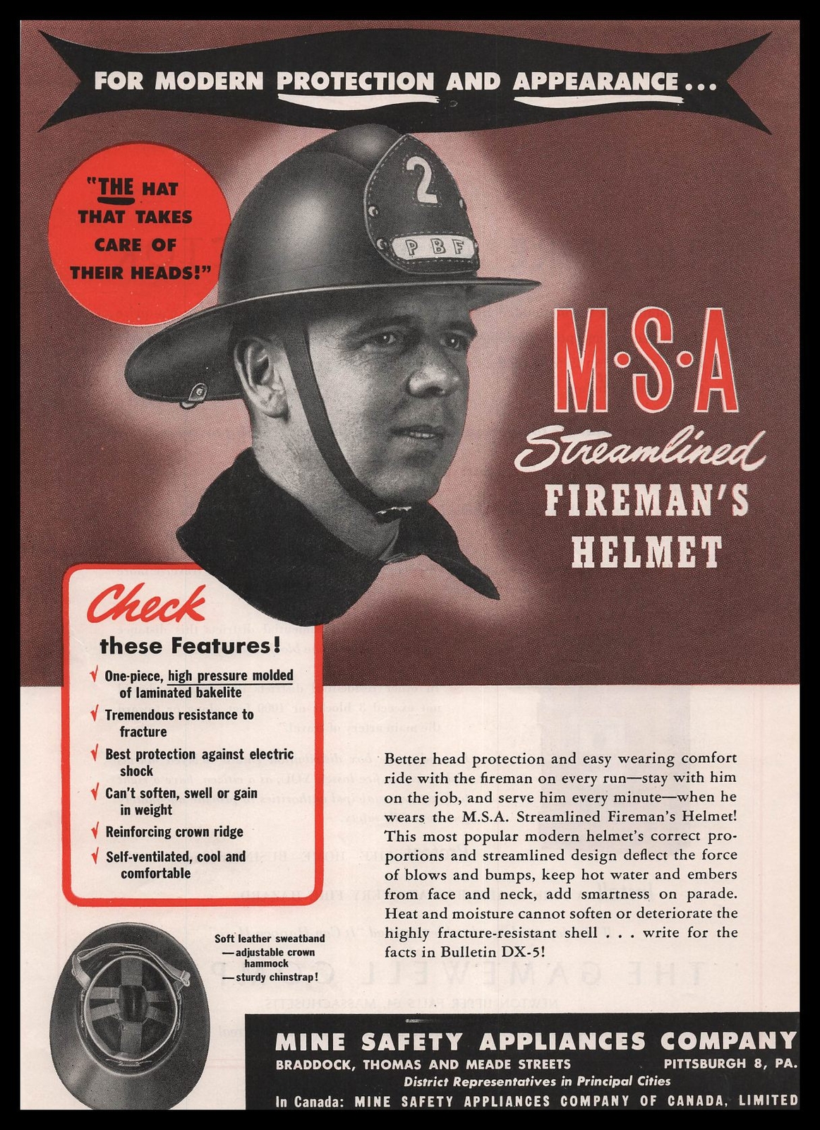 1946 Mine Safety Appliances Pittsburgh MSA Streamlined Fireman Helmet Print Ad 1946 Mine Safety Appliances Pittsburgh MSA Streamlined Fireman Helmet Print Ad
