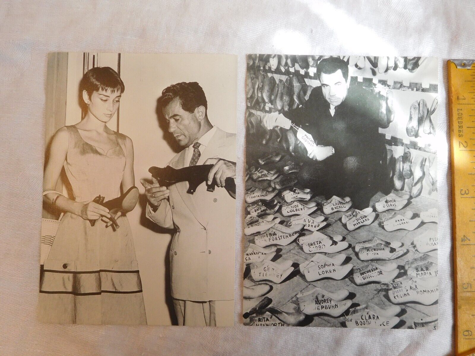 2 SALVATORE FERRAGAMO Postcard 50s B/W RPPC Shoes Audrey Hepburn Victoria Museum