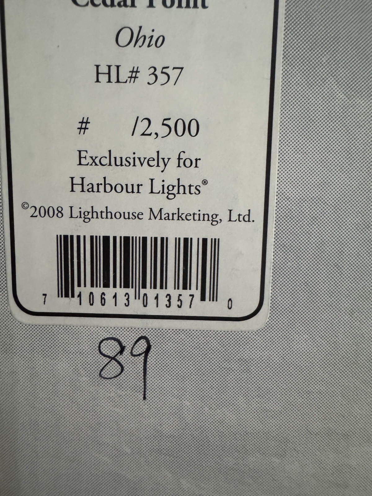 HARBOUR LIGHTS CEDAR POINT, OHIO # HL 357 low number 89 of approx 2500 produced