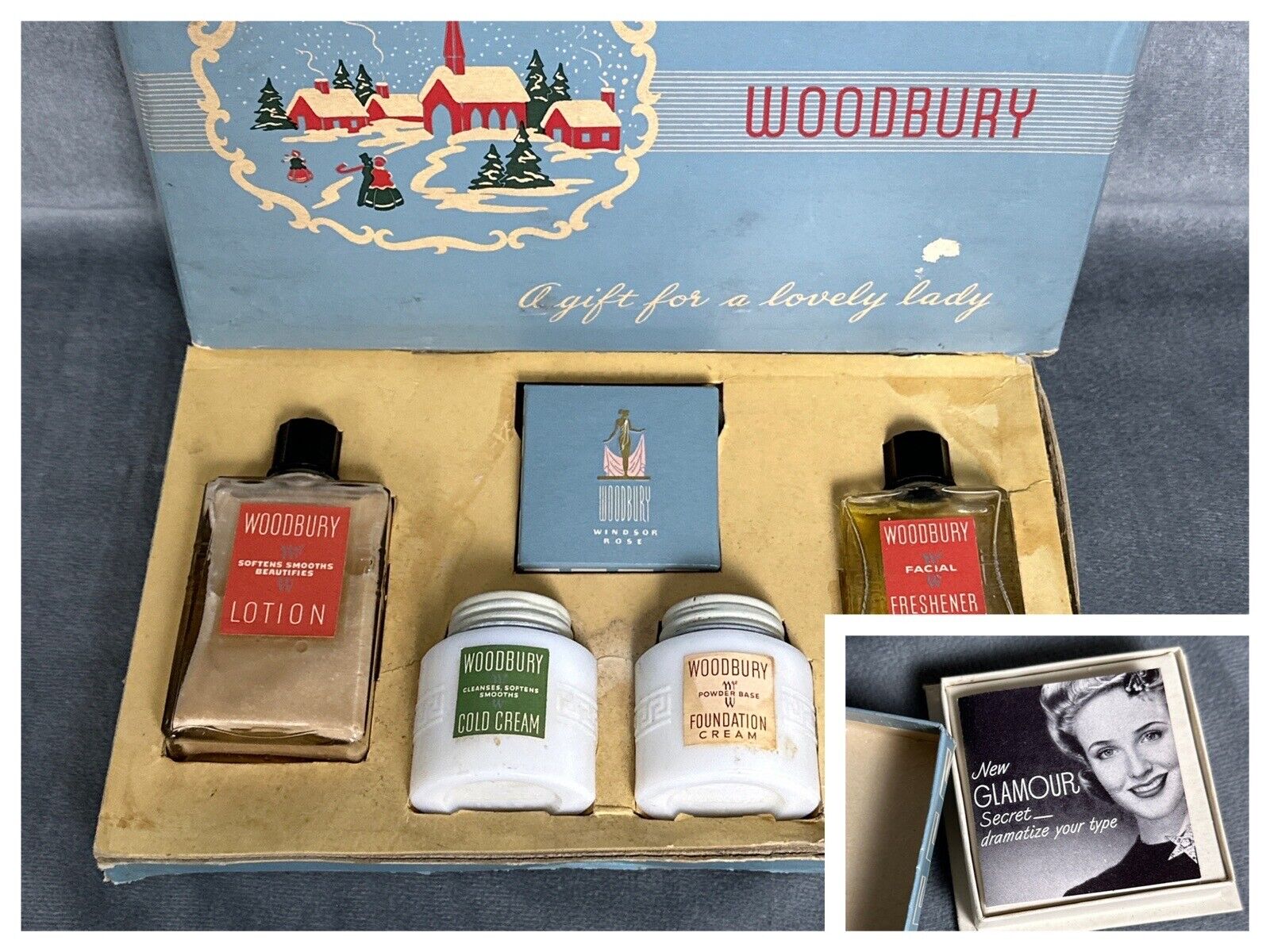 Vintage Woodbury Makeup Set Face Powder Cold Cream Lotion Freshener Windsor Rose