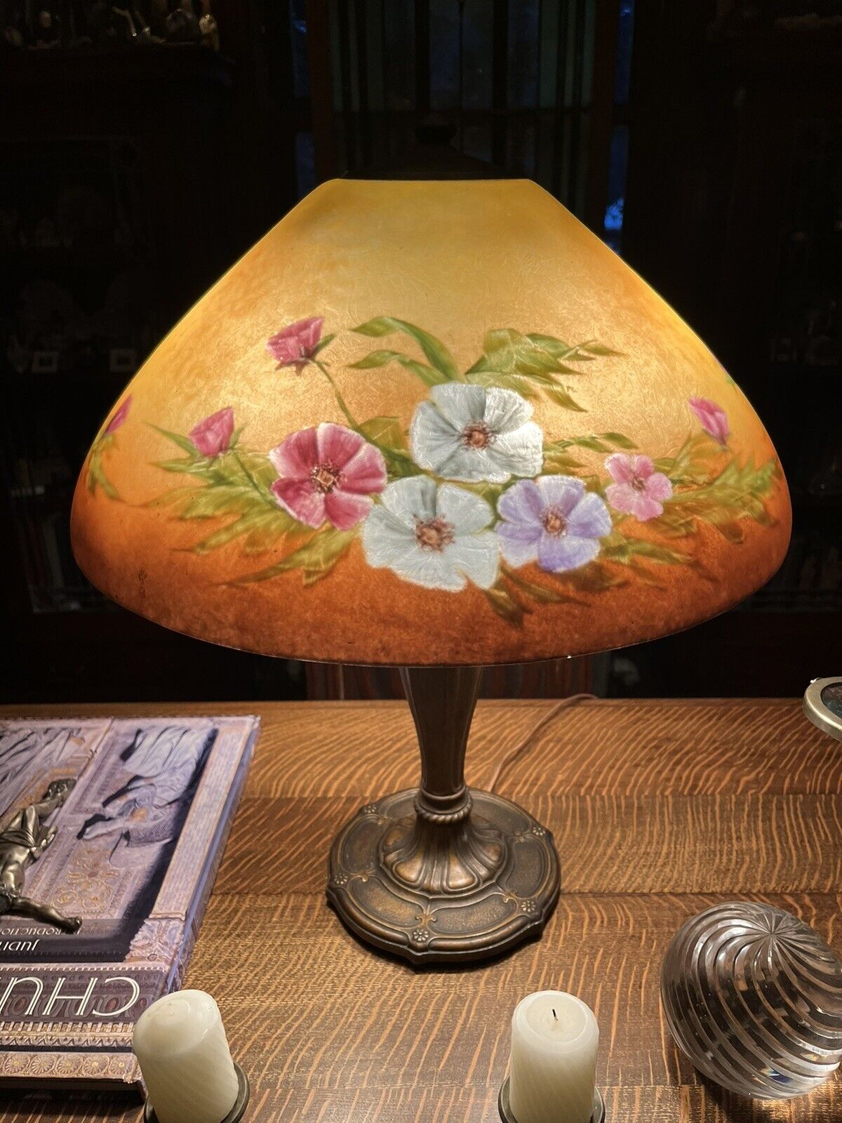 Antique Signed Jefferson Reverse Painted Glass Shade Lamp 1899
