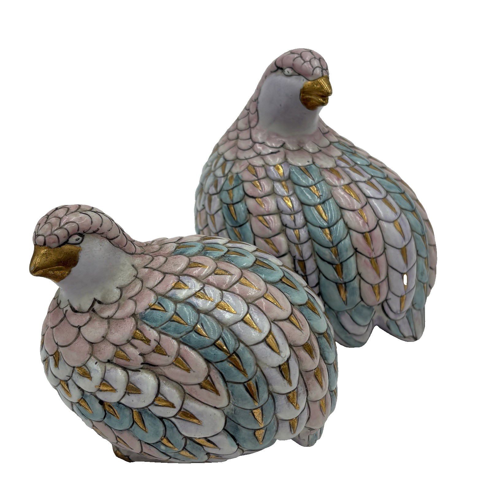 Vintage TOYO Hand Painted Ceramic Quail Partridge Birds Lusterware W/ Gold Pair