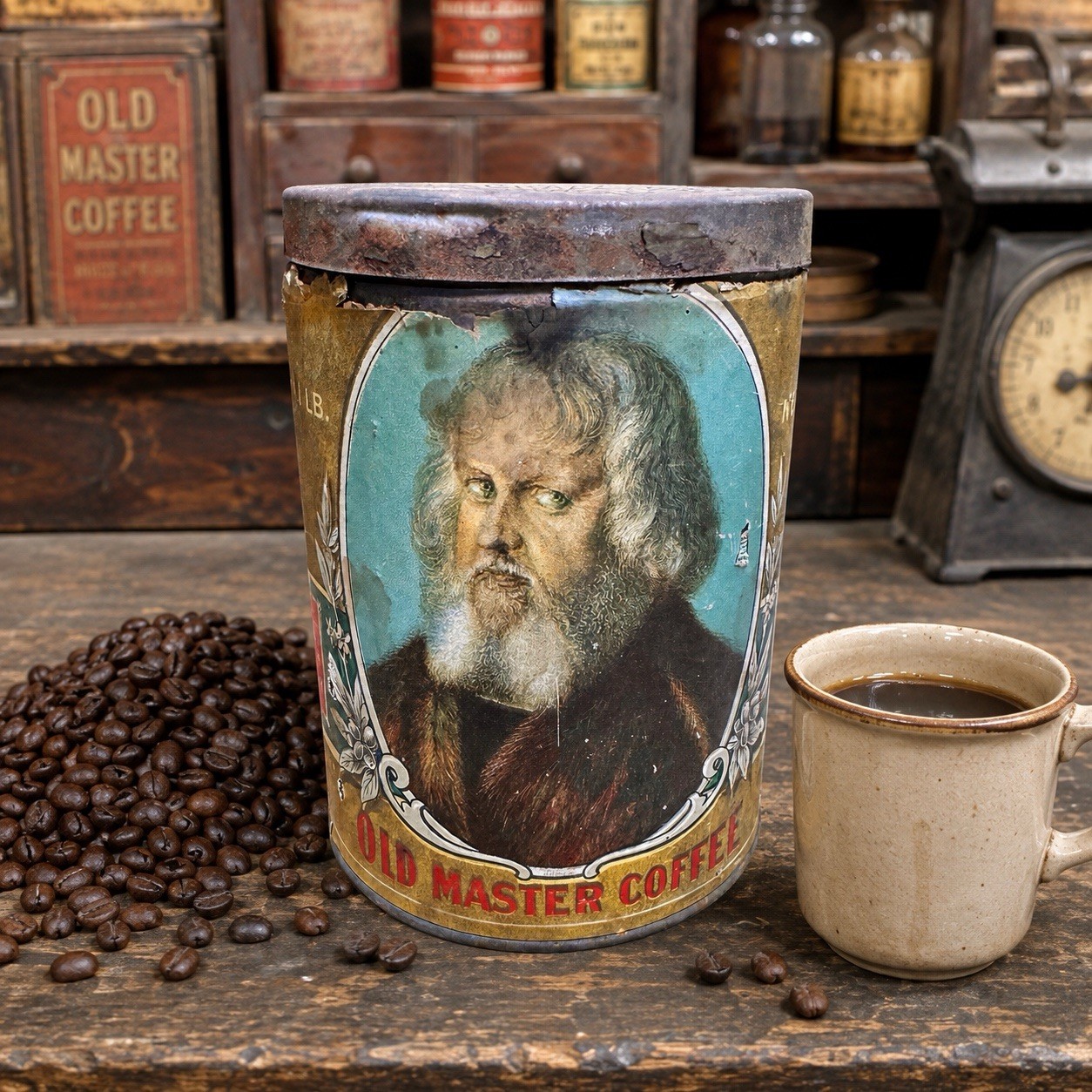 Early Paper Label Bours Old Master Coffee Tin Can Antique Kanas City Toledo
