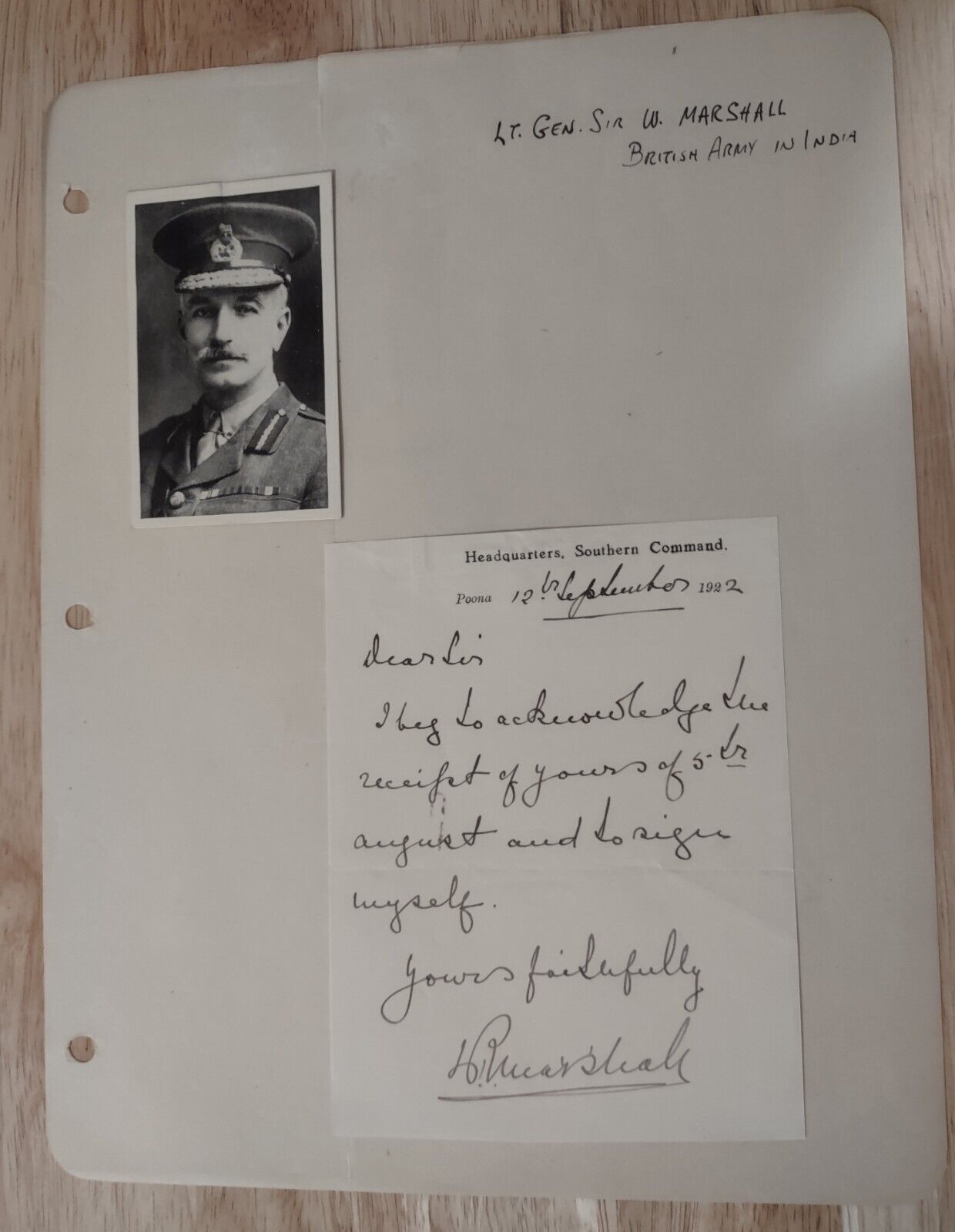 LT. GENERAL SIR W MARSHALL ALS BRITISH ARMY IN INDIA. AUTOGRAPHED SIGNED LETTER.