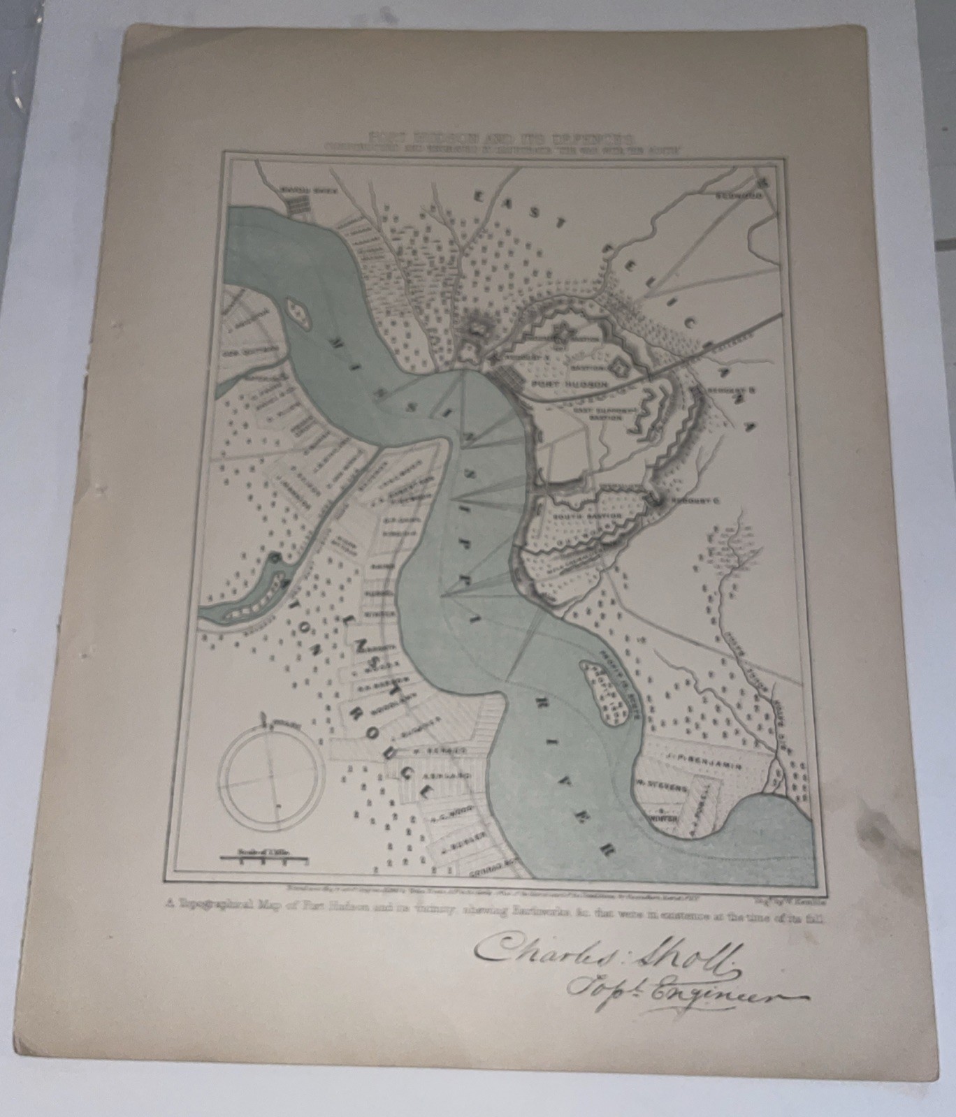 Antique Map of Fort Hudson c. 1863  Civil War Kemble
