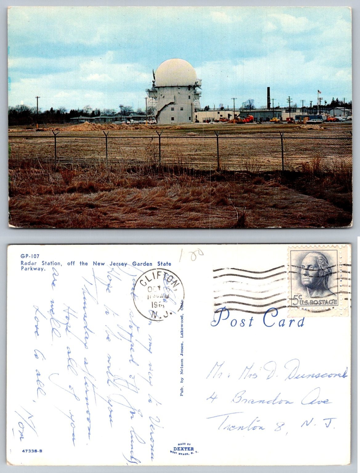 Vintage Radar Station Postcard Clifton New Jersey Garden State Parkway 1964