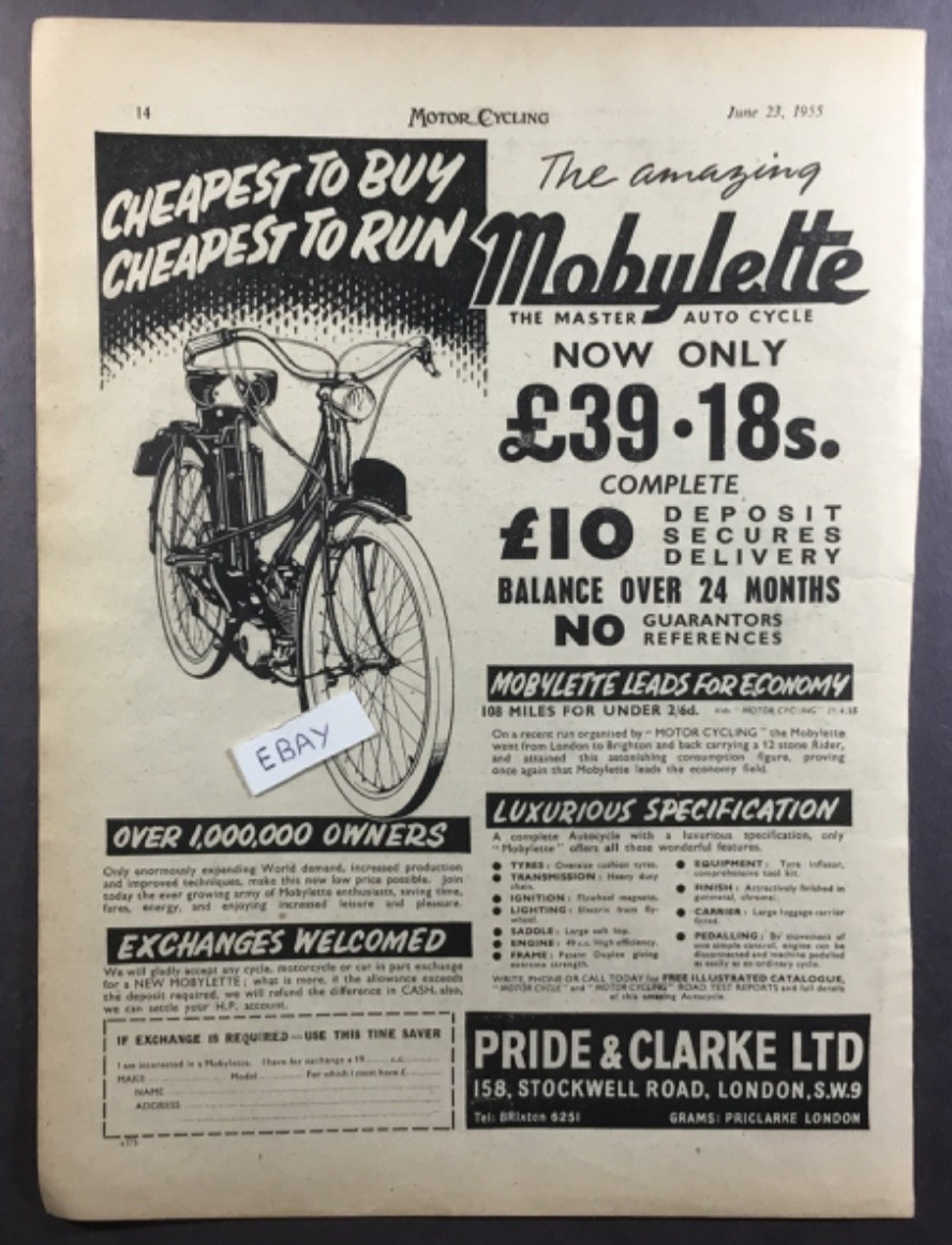1955 Print Ad. Mobylette, Motorized British Bike. 1955 Full Page Ad. 1955 Print Ad. Mobylette, Motorized British Bike. 1955 Full Page Ad.
