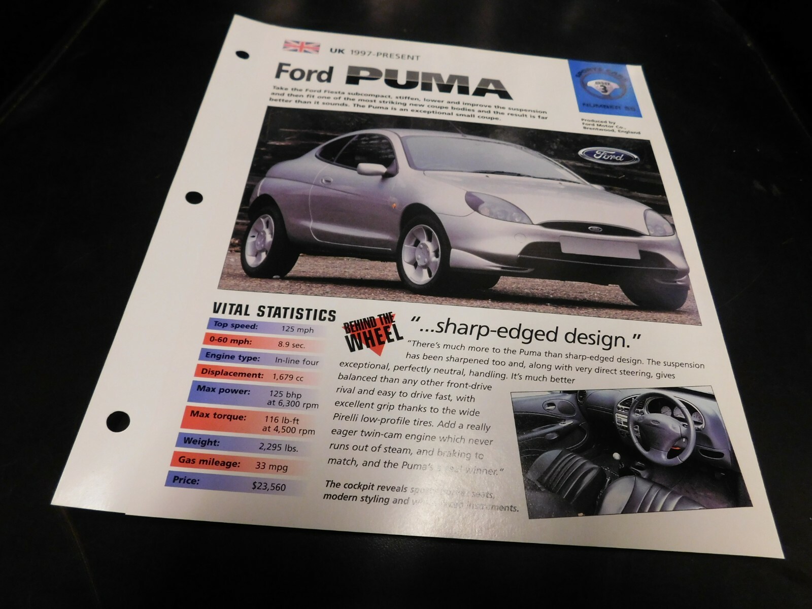 1997 Ford Puma Euro Spec Sheet Brochure Photo Poster 1994 1995 1996 1997