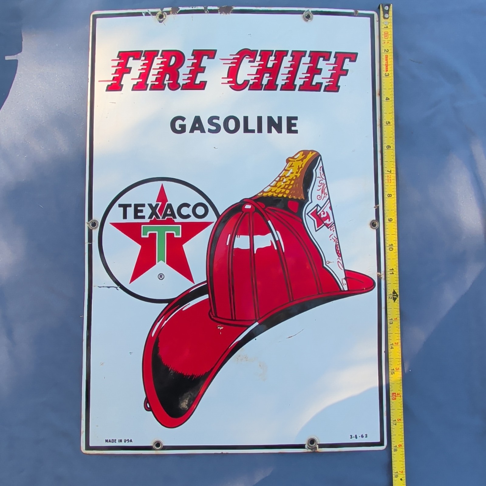 Early Original Vintage 1962 Texaco Fire Chief Porcelain Pump Plate Gas Oil Sign