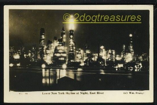 Rppc Lower New York City Ny Nyc Skyline At Night From East River Old Real Photo