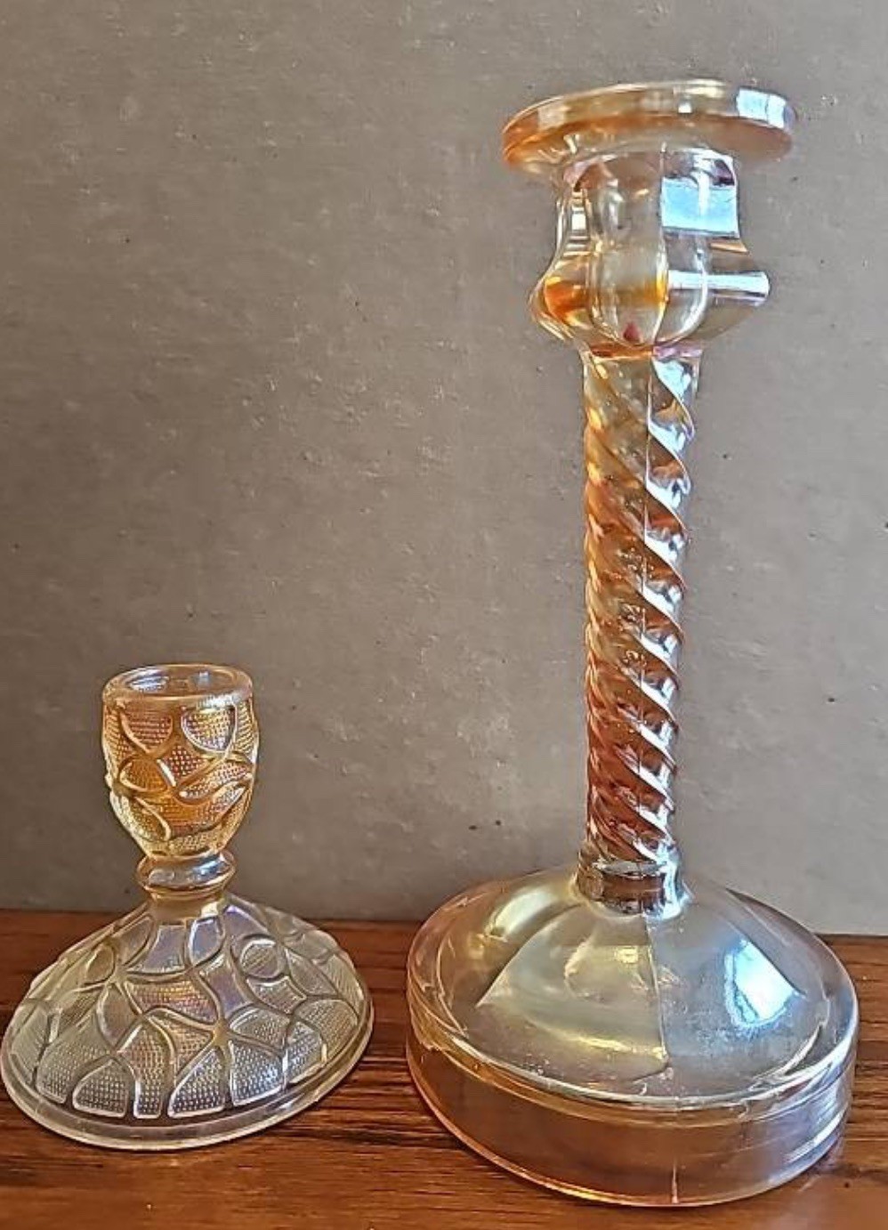 Imperial Tree of Life + Twisted Stem Carnival Glass Candlestick Pair Marigold