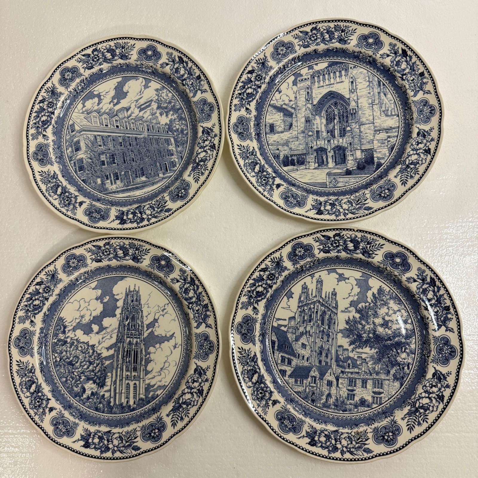Wedgwood Yale University Blue White Plates Set 4 1949 Sterling Harkness Wrexham