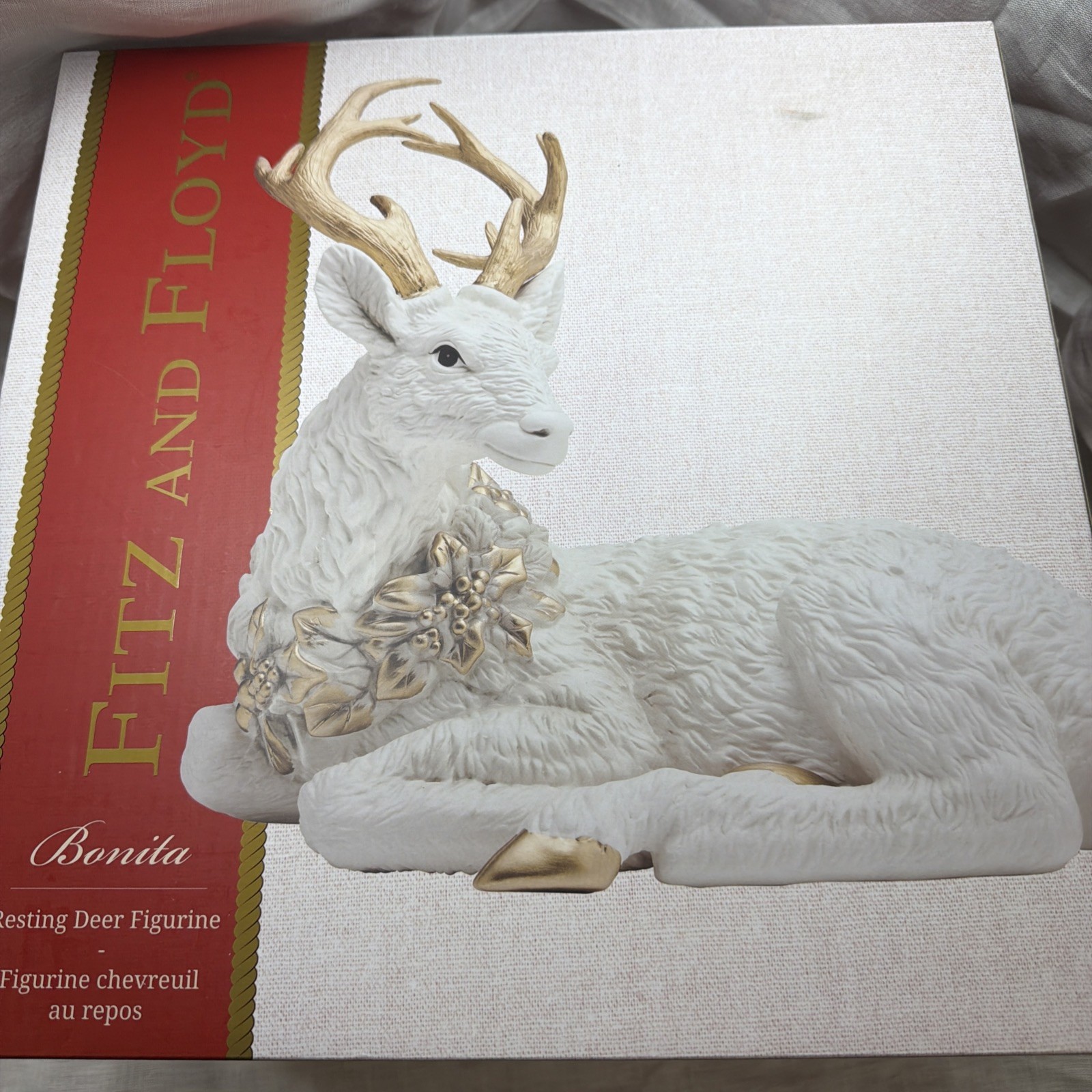 Fitz and Floyd Resting Deer Figurine Ceramic Painted White Gold Boxed