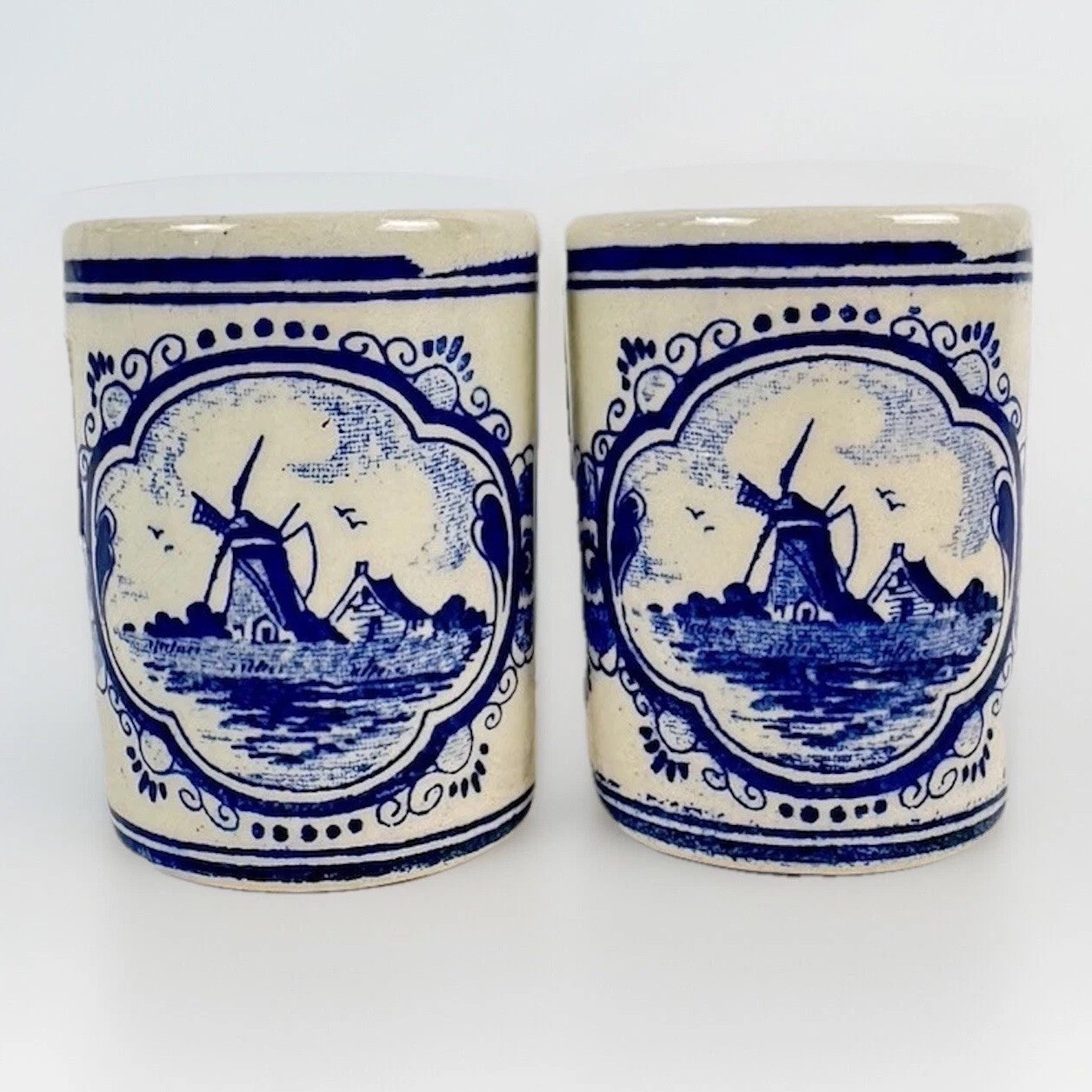 2 Hand Painted Blue Delft Vandermint Holland Toothpick Holder Shot Glass