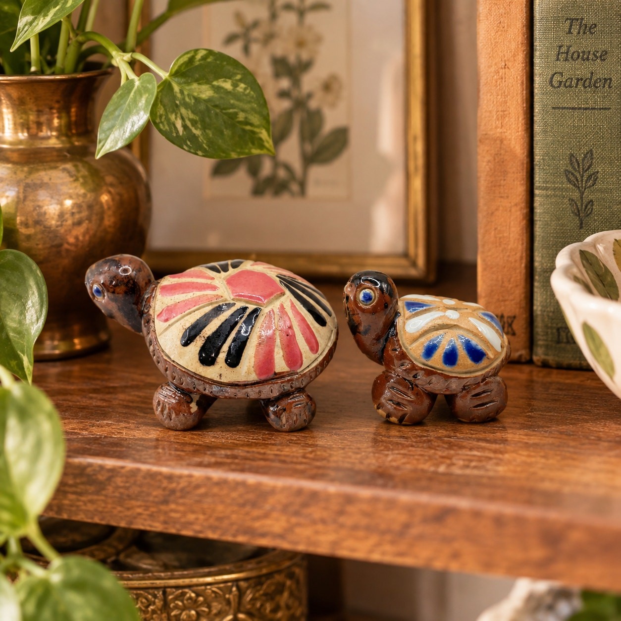 VTG Miniature Mother Baby Turtle Figurines Hand-Painted Folk Art Terracotta