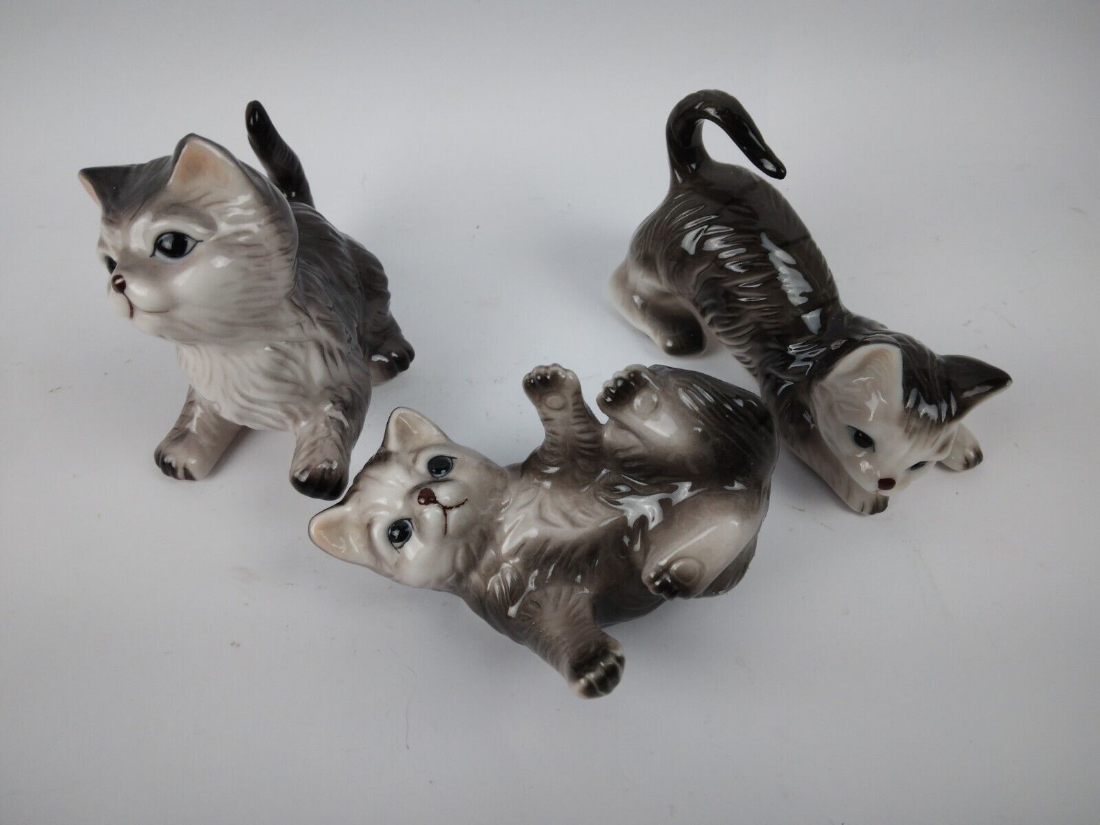 Small Glazed Ceramic Playful Cat Kitten Figurines Lot of 3 Used Cat/Home Decor 