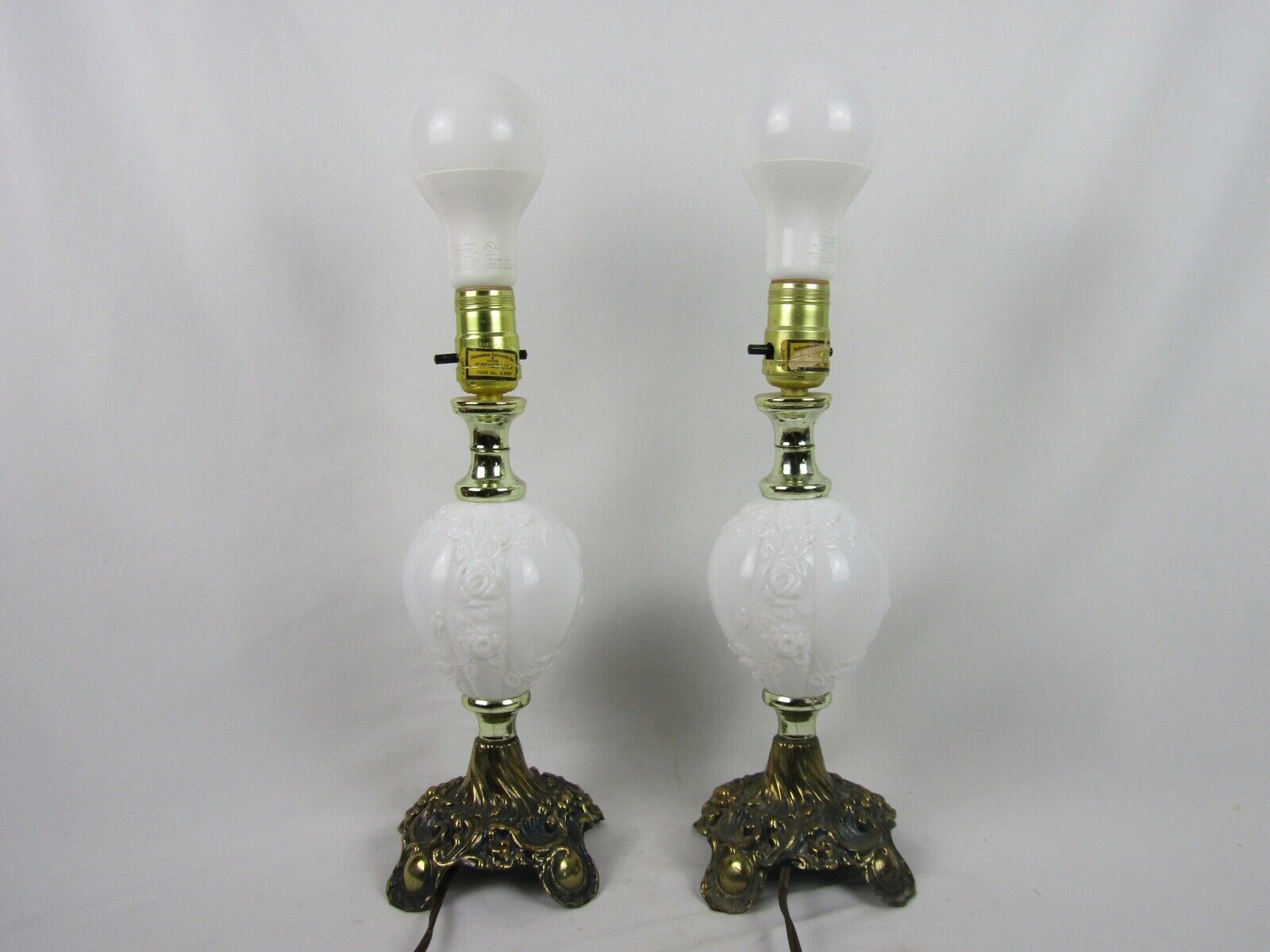 Pair of Vintage L&L WMC Milkglass Lamps-1970-13”x 4.5”-Rose Pattern-Works Great