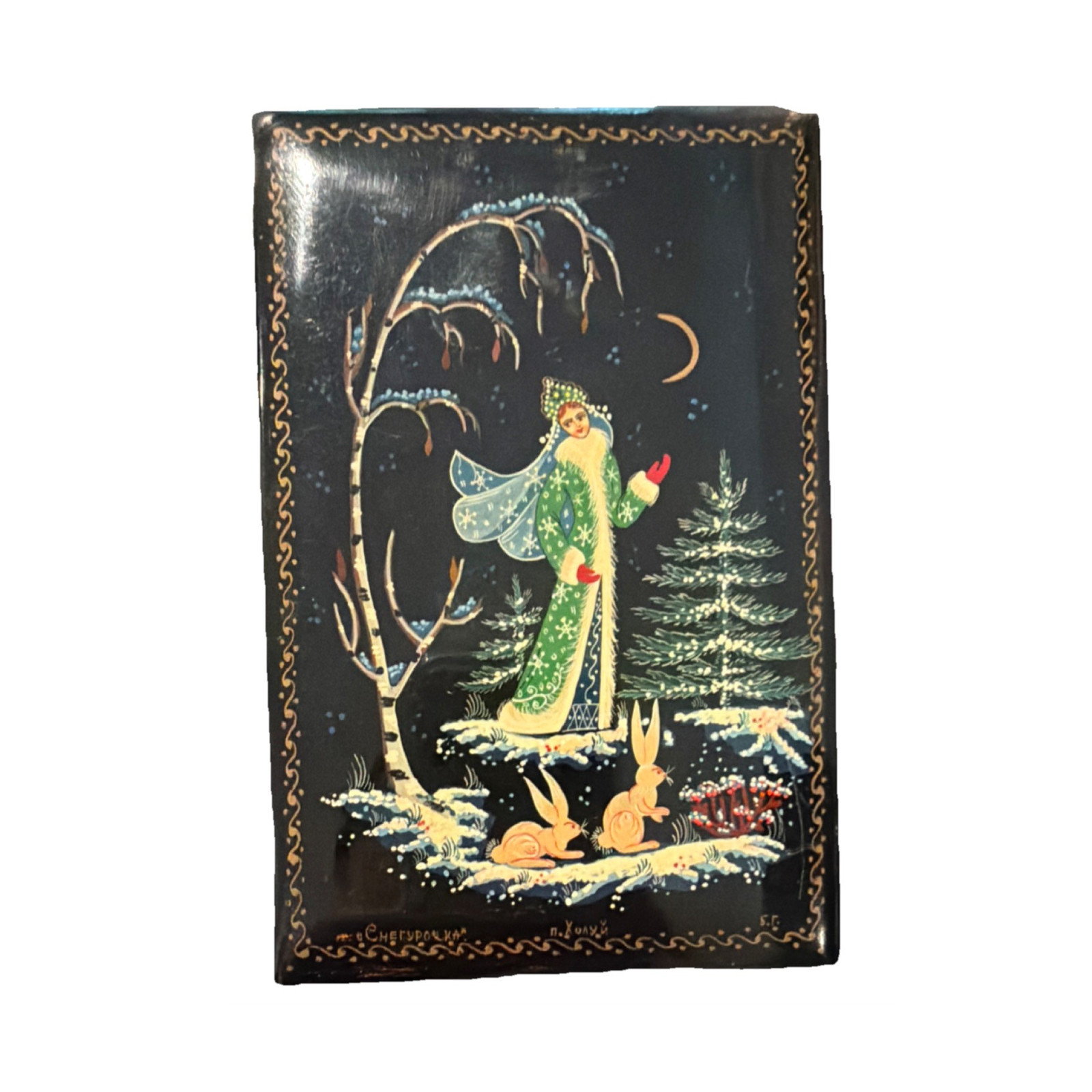 Vintage Kholuy Russian Lacquer Box Hand-Painted Snegurochka (Snow Maiden) Signed