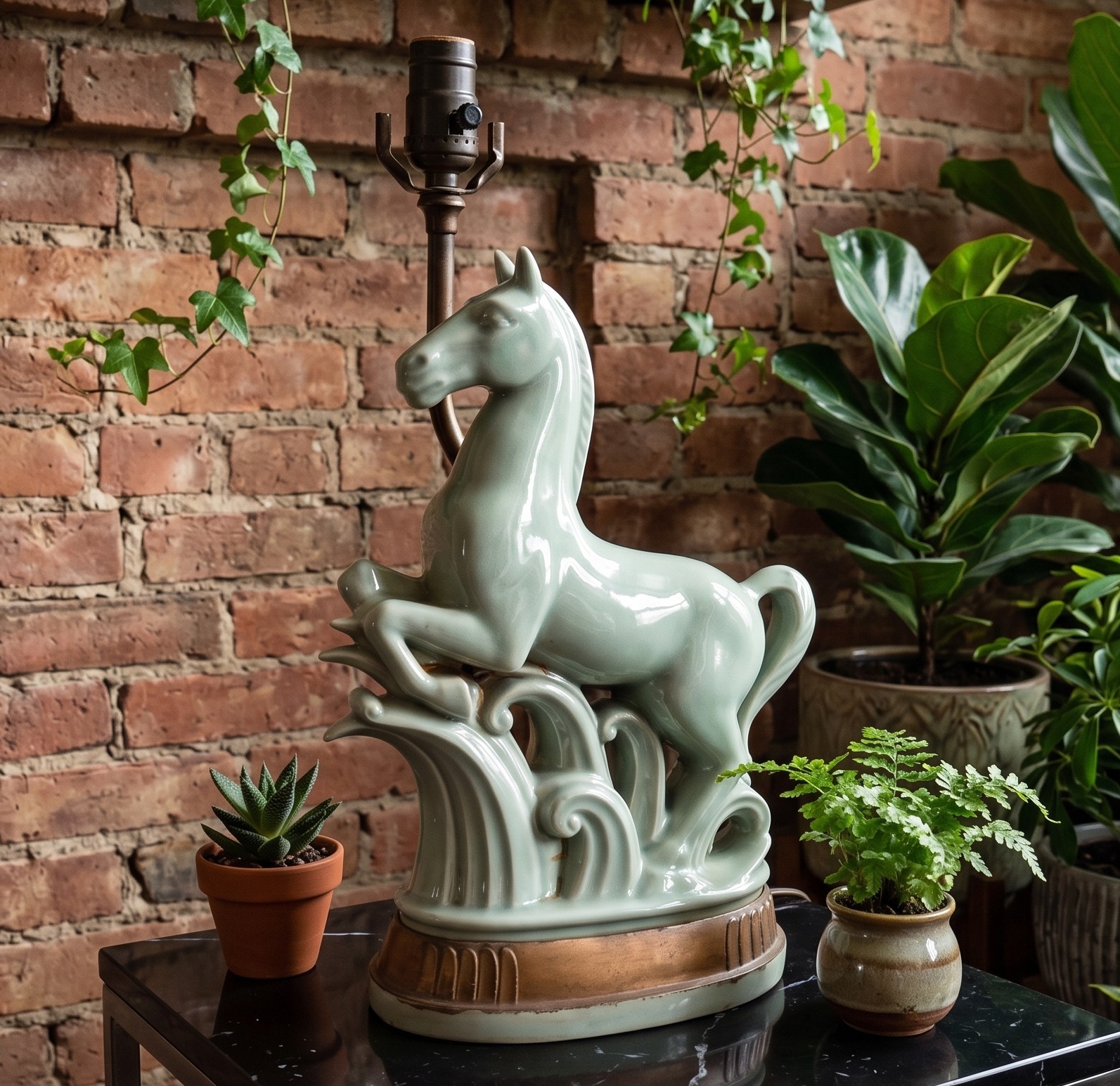 1930s Vtg European Art Deco Celadon Porcelain Figural Sculpture Horse Table Lamp