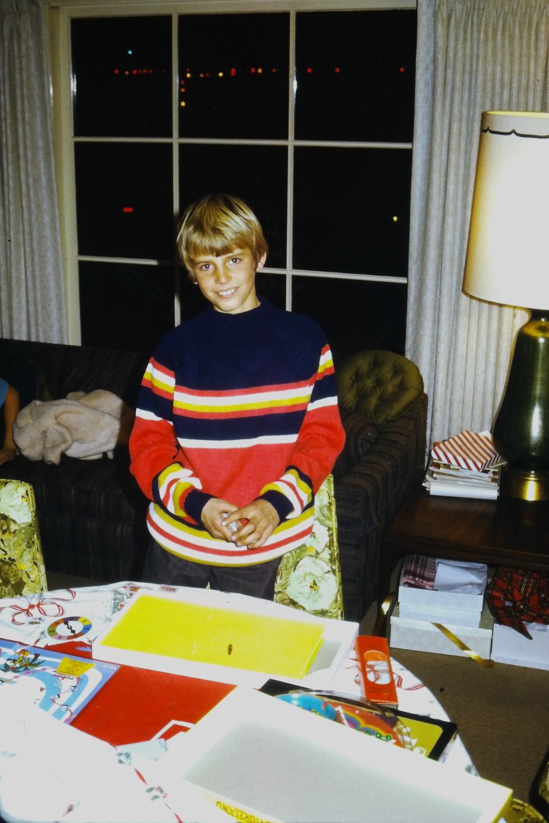 c1970's Kodachrome 35mm Slide, Boy Christmas Gifts Striped Sweater red Window