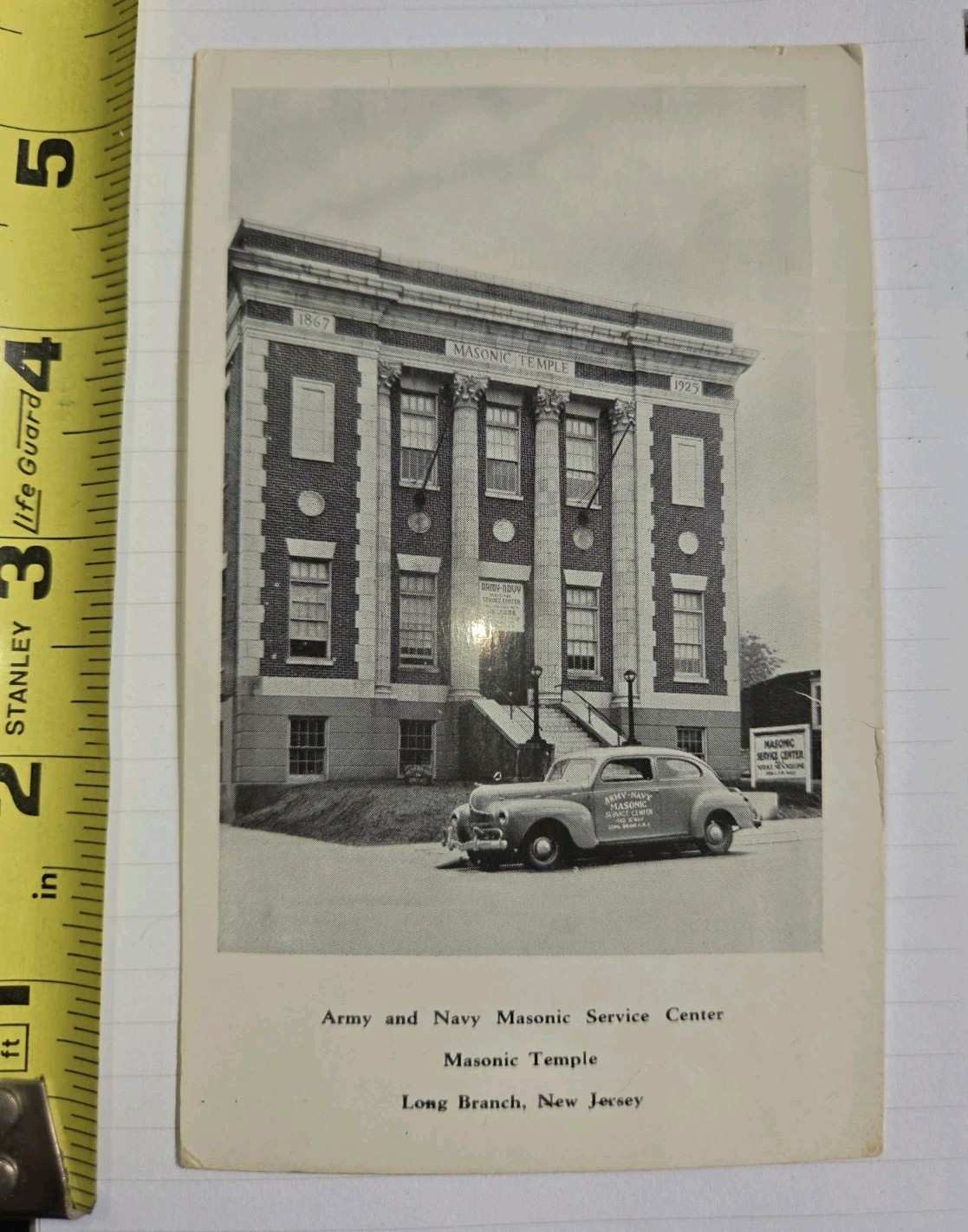 c1943 WWII Long Branch NJ Masonic Temple Army Navy Service Center Postcard