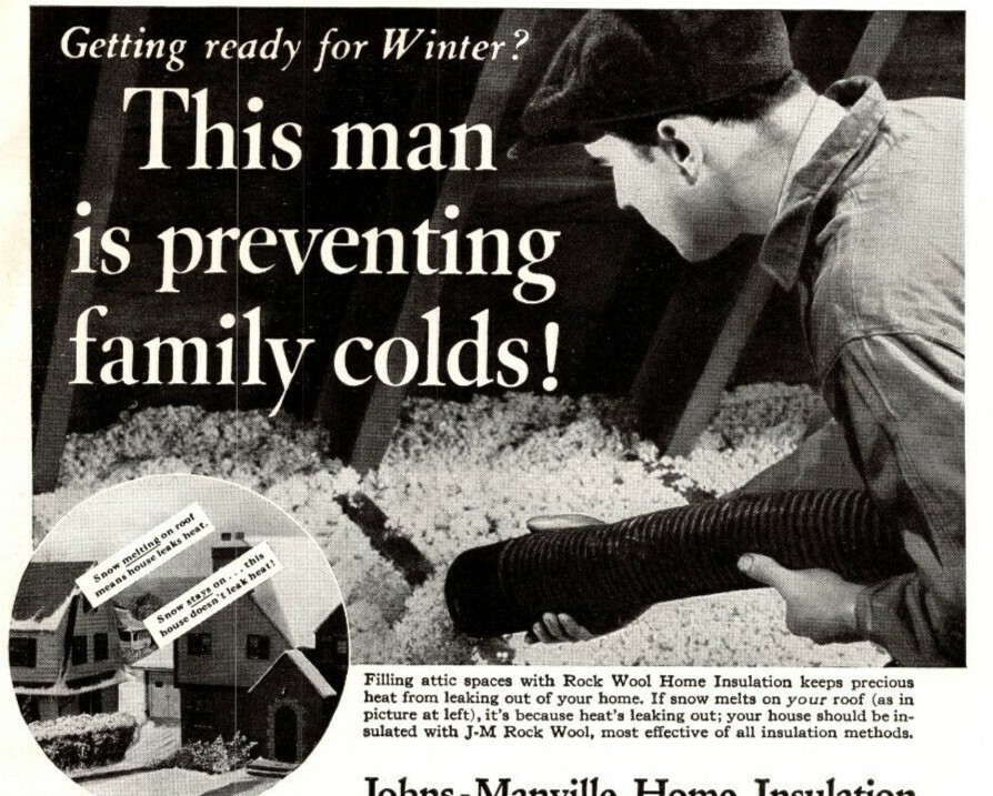 PRINT AD 1935 Johns Manville Rock Wool Home Insulation 6.75 x 10 Family Colds