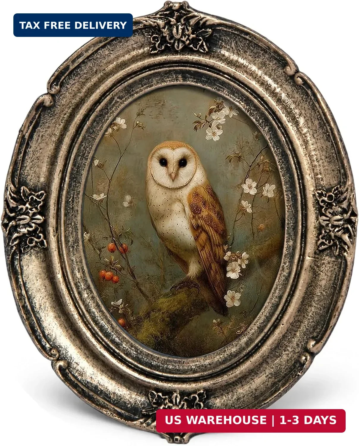 Small Vintage Owl Floral Picture Frame, Bronze Oval Frame 4x5in